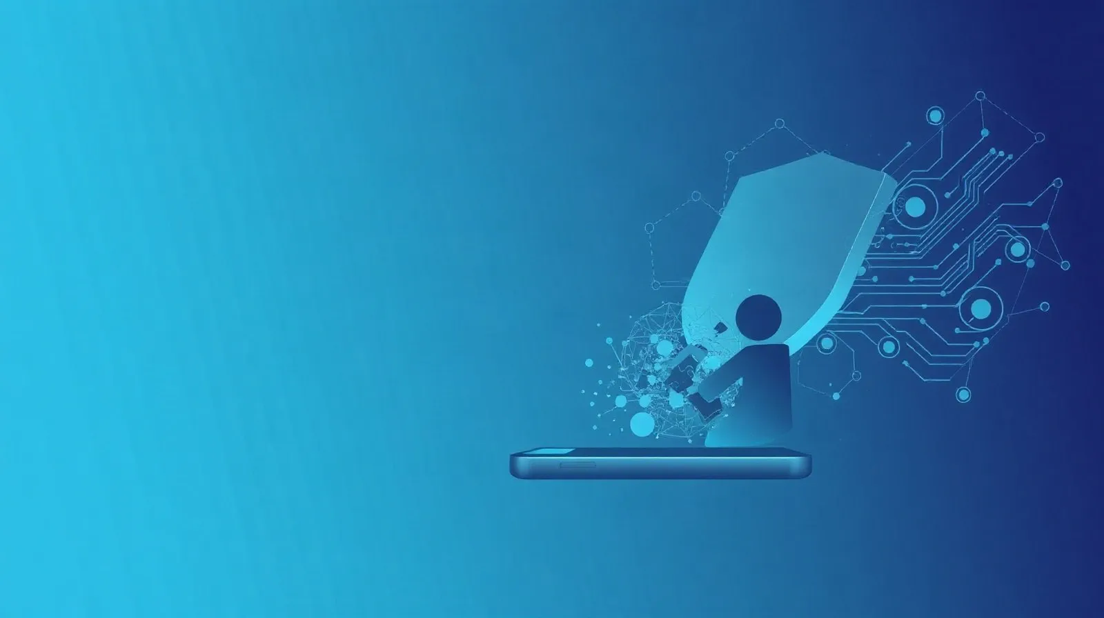 Ilustración abstracta de un teléfono y capas de seguridad digital representando privacidad móvil