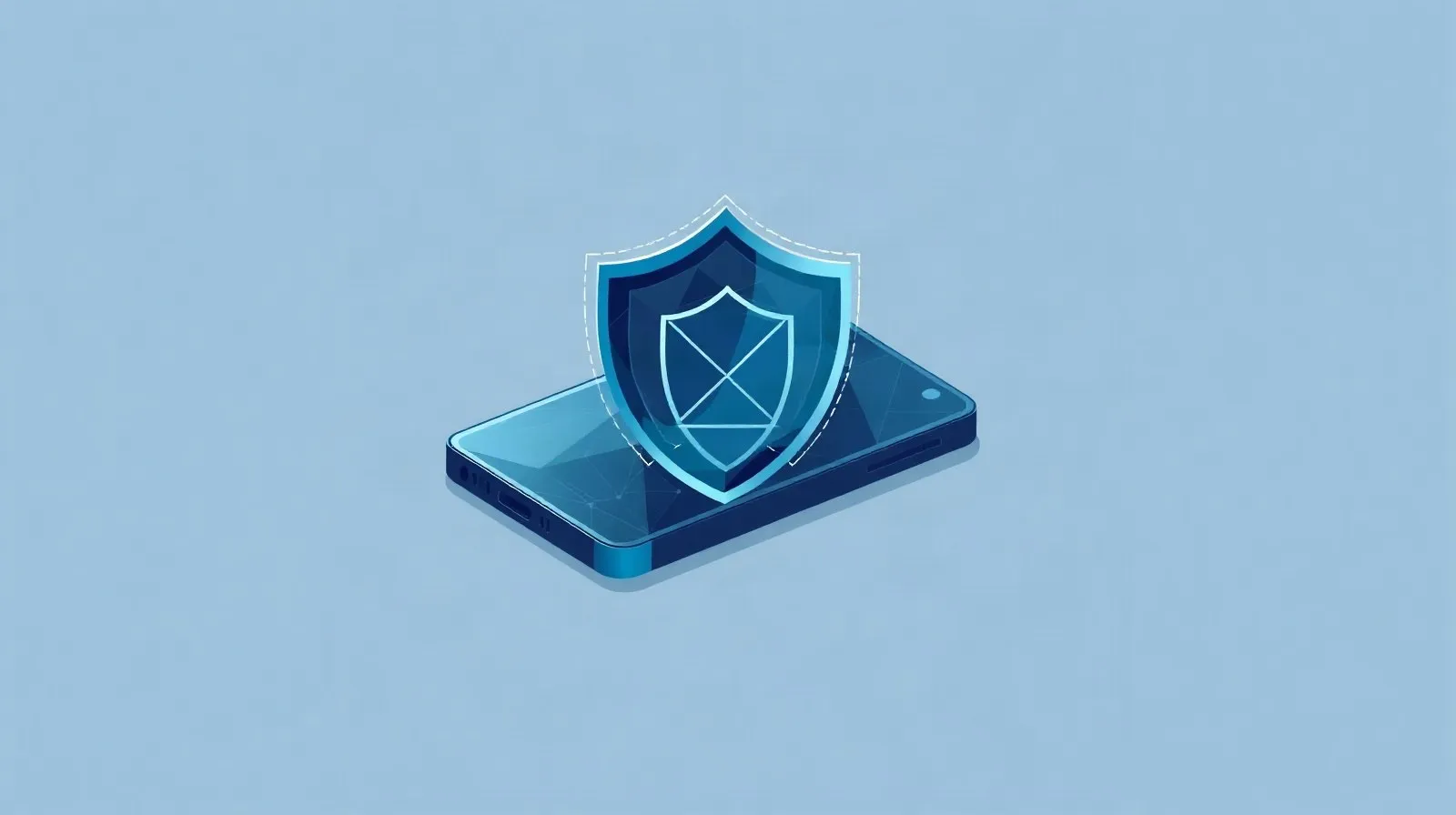 Ilustración abstracta de un teléfono plegable rodeado de formas geométricas que simbolizan privacidad digital y software de código abierto