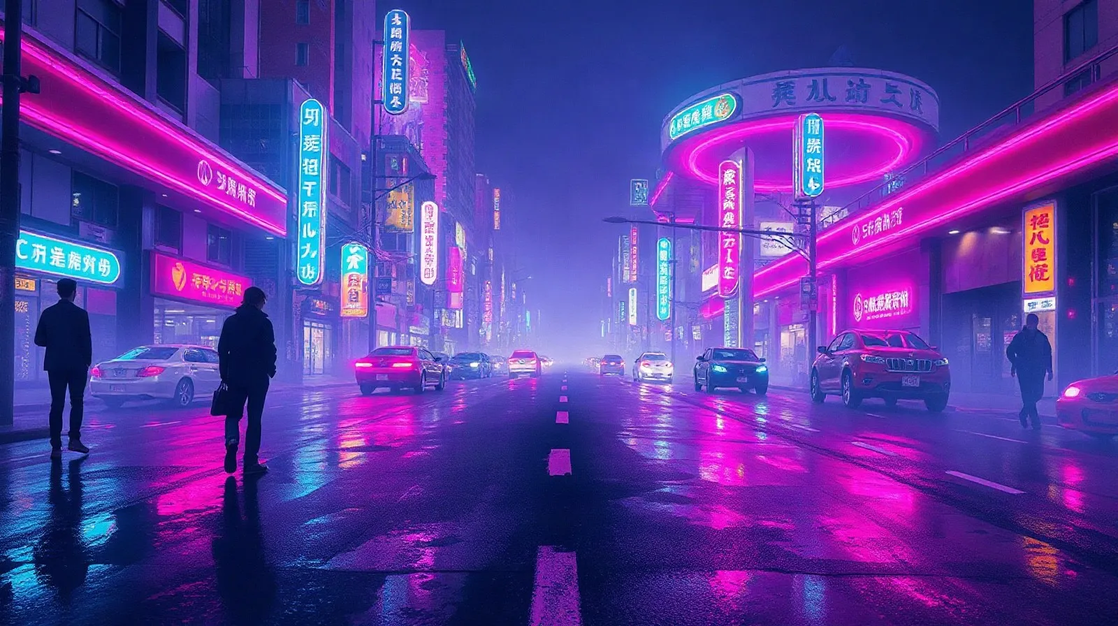 Ilustración abstracta de una ciudad nocturna con luces de neón y reflejos en el asfalto que evocan un mundo abierto de videojuego