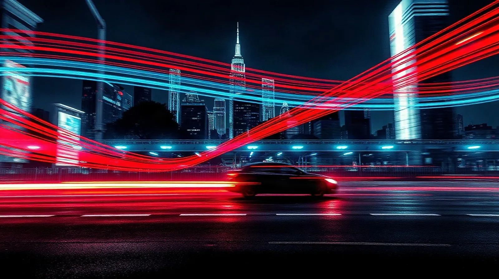 Ilustración abstracta de luces rojas y azules en movimiento sobre una ciudad nocturna, evocando una persecución policial