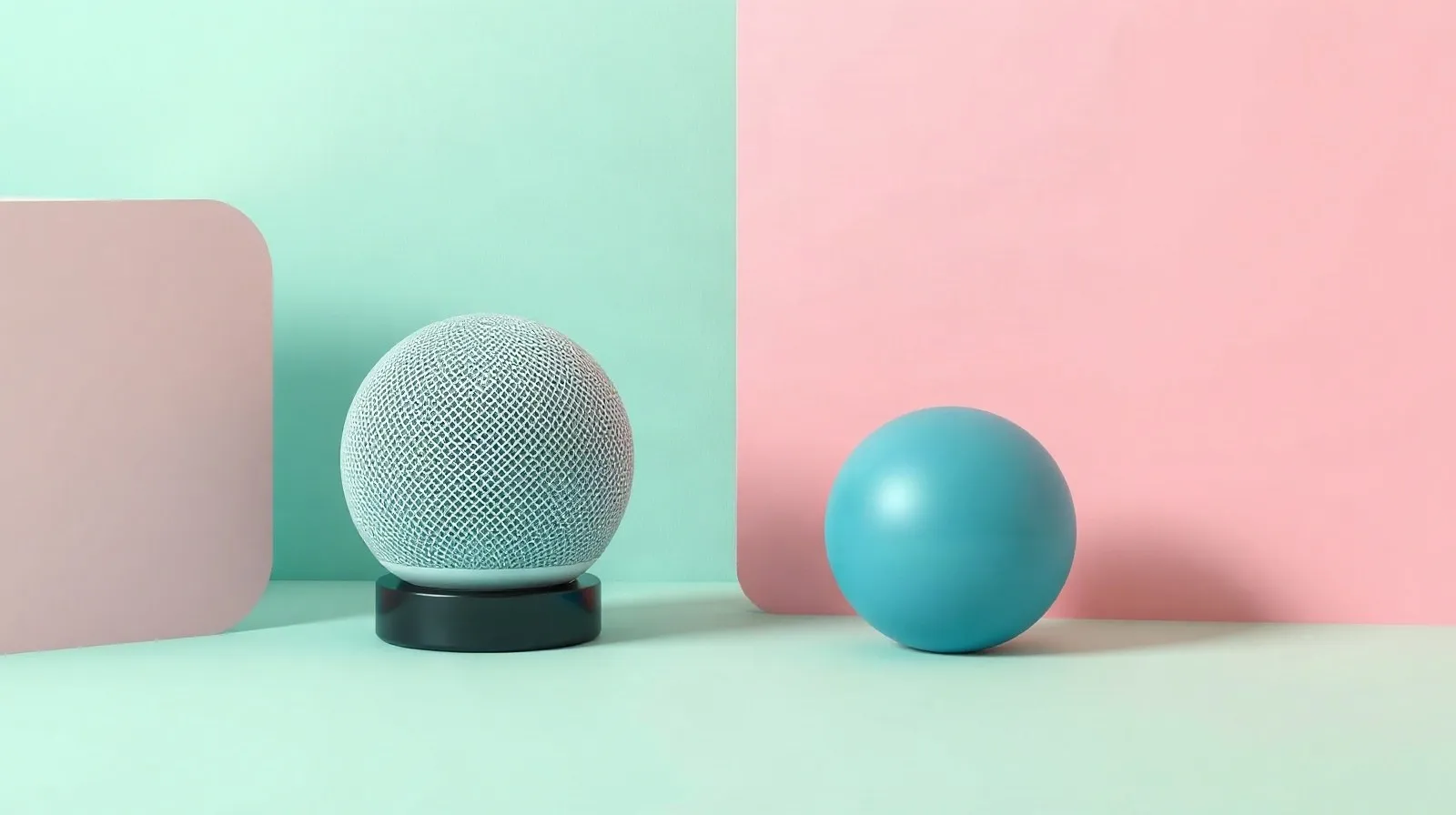 Ilustración abstracta de un altavoz inteligente esférico en varios colores pastel sobre fondo minimalista