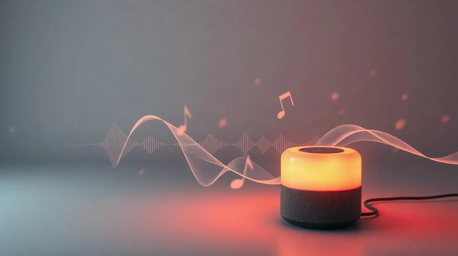 Ilustración abstracta de un altavoz inteligente iluminado con luces de colores sincronizadas a la música