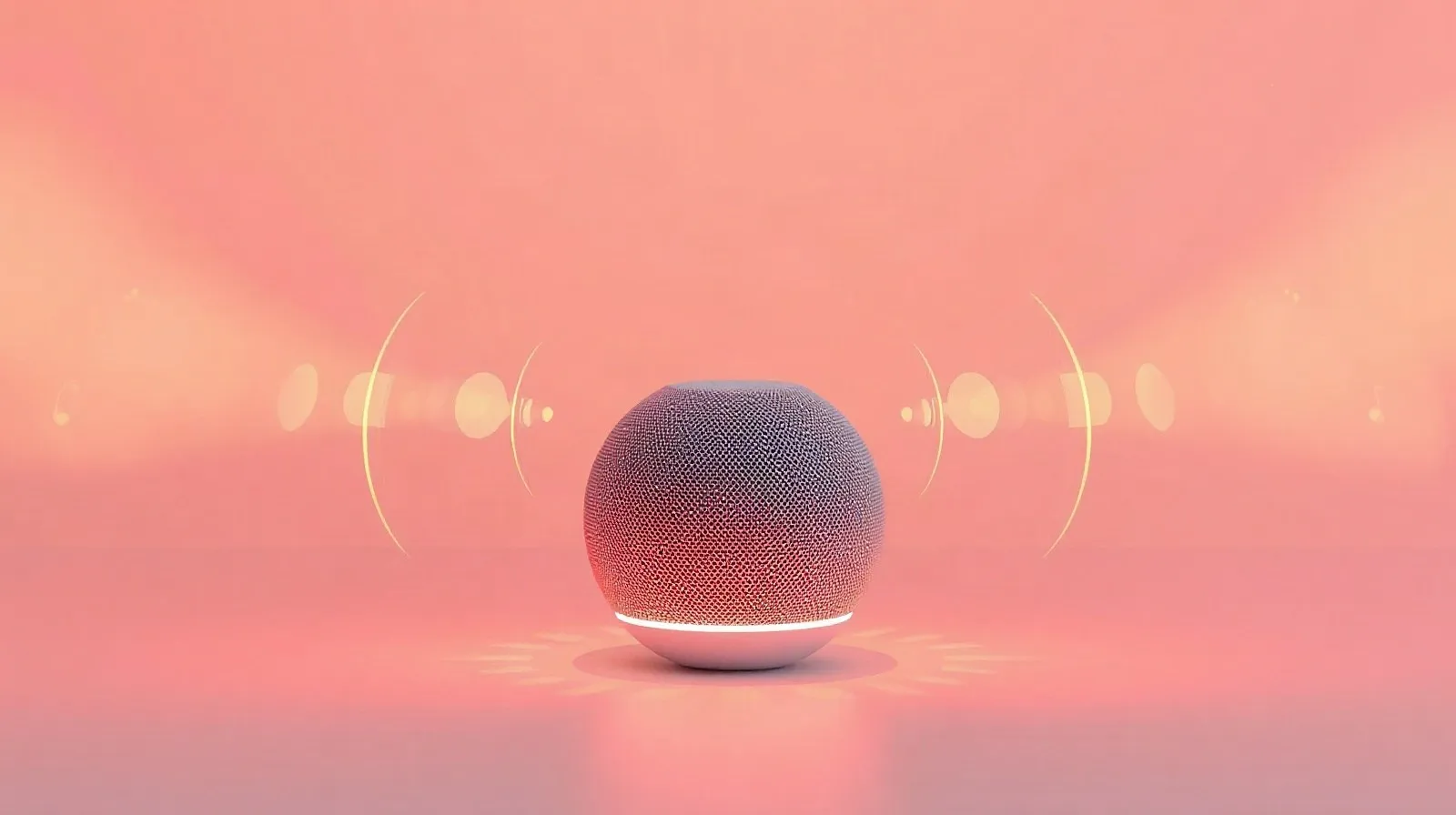 Ilustración abstracta de un altavoz inteligente esférico emitiendo ondas de luz y sonido