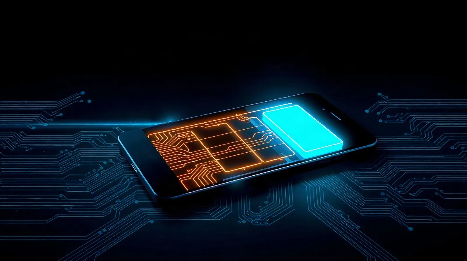 Ilustración abstracta de una batería de smartphone gigante con energía brillante en tonos dorados y azules