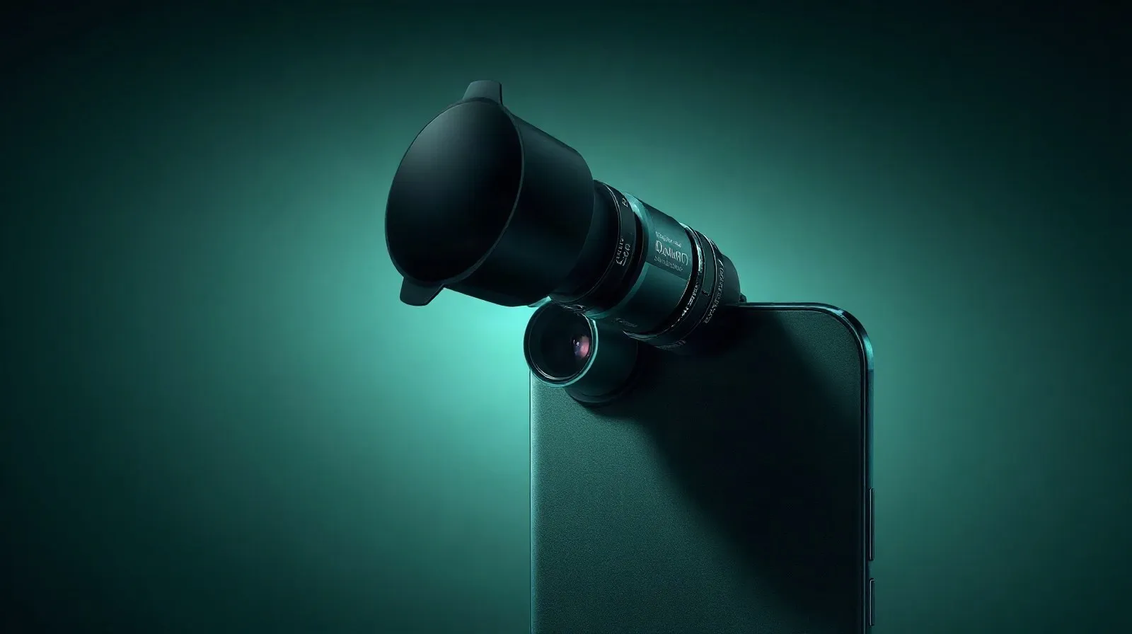 Ilustración abstracta de un módulo de cámara de smartphone premium combinado con elementos de cámara de cine en tonos verde musgo y metálicos