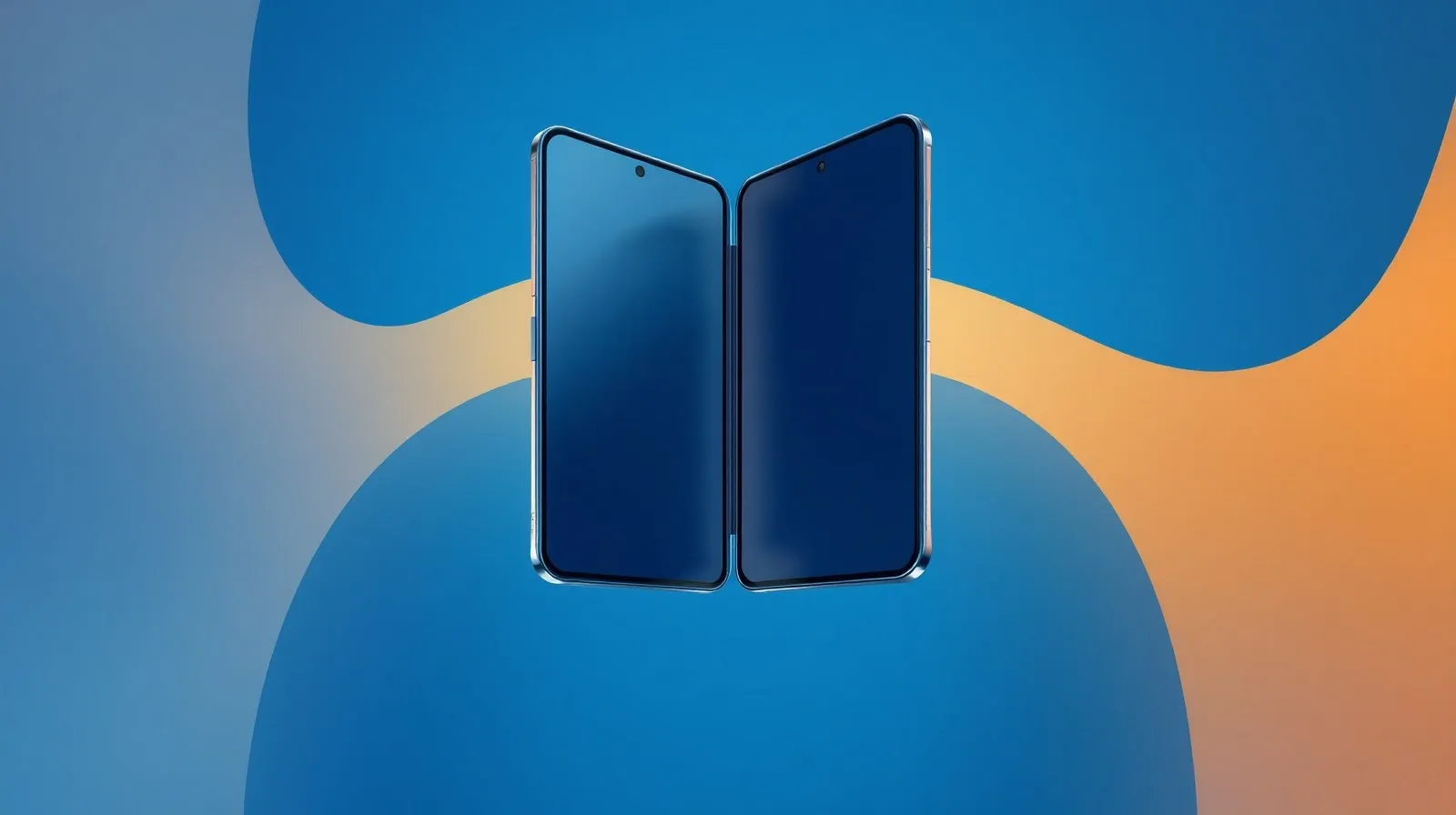 Ilustración abstracta de un teléfono plegable con pantallas divididas en tonos azules y ámbar