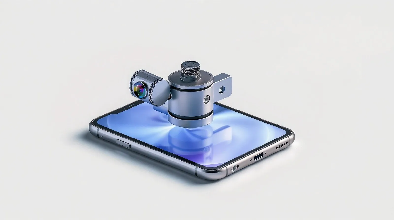 Ilustración abstracta de un mecanismo de cámara giratoria tipo gimbal desplegándose desde un teléfono inteligente