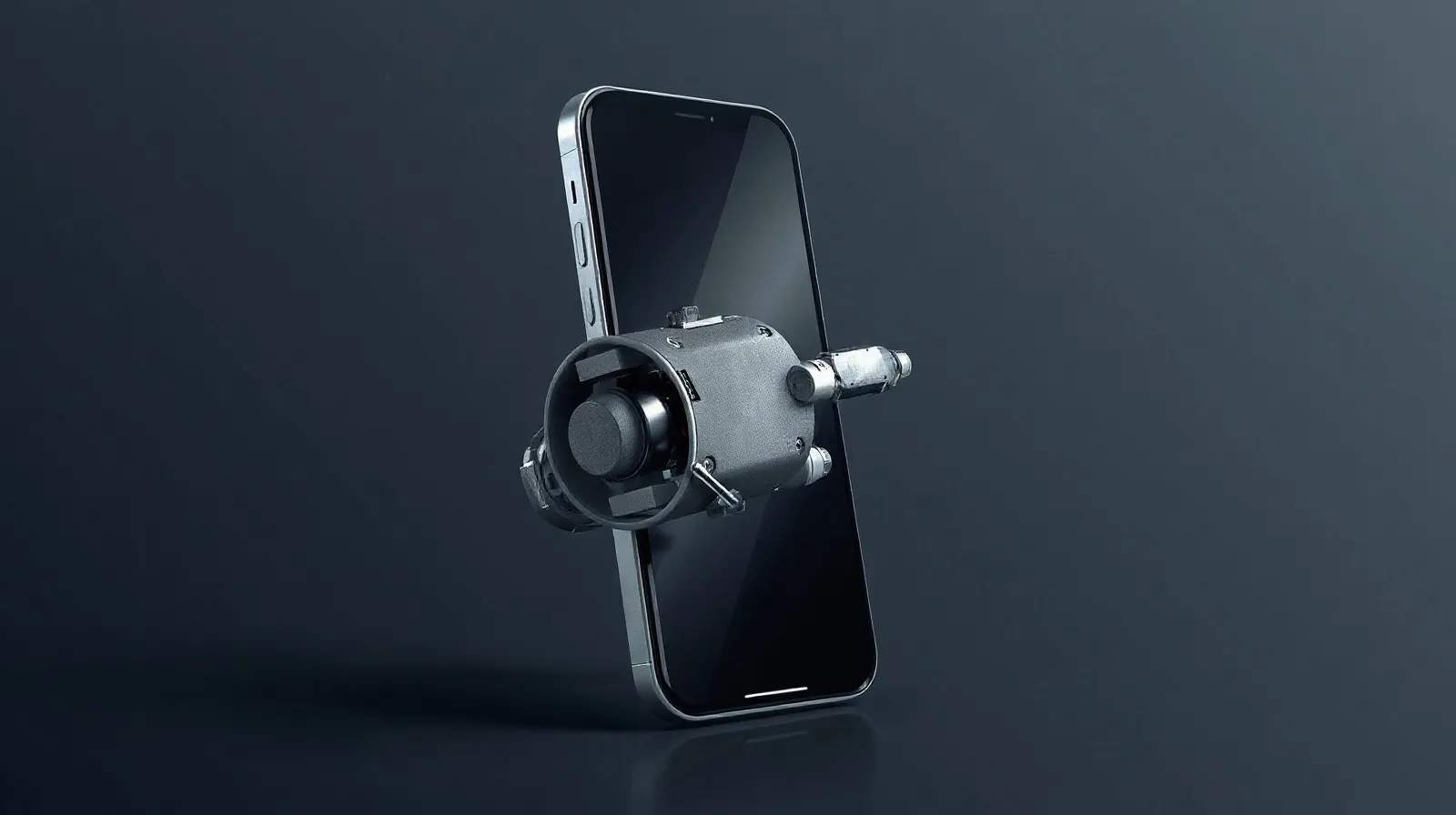 Ilustración abstracta de un teléfono futurista con un brazo mecánico tipo gimbal extendido