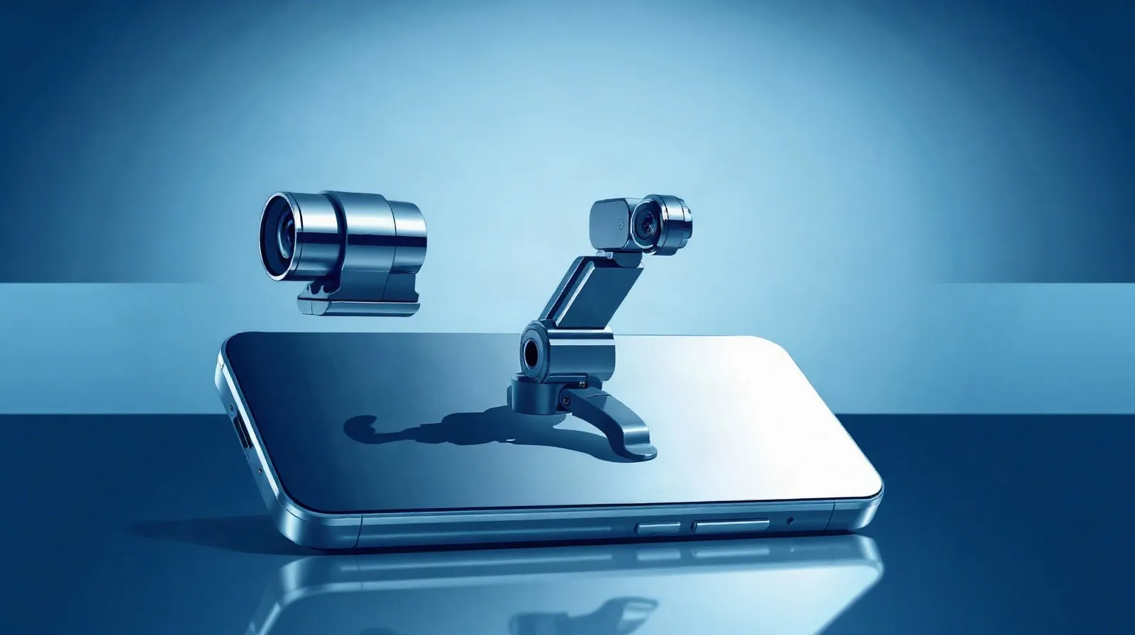 Ilustración abstracta de un teléfono con un módulo de cámara mecánico tipo gimbal saliendo de su cuerpo