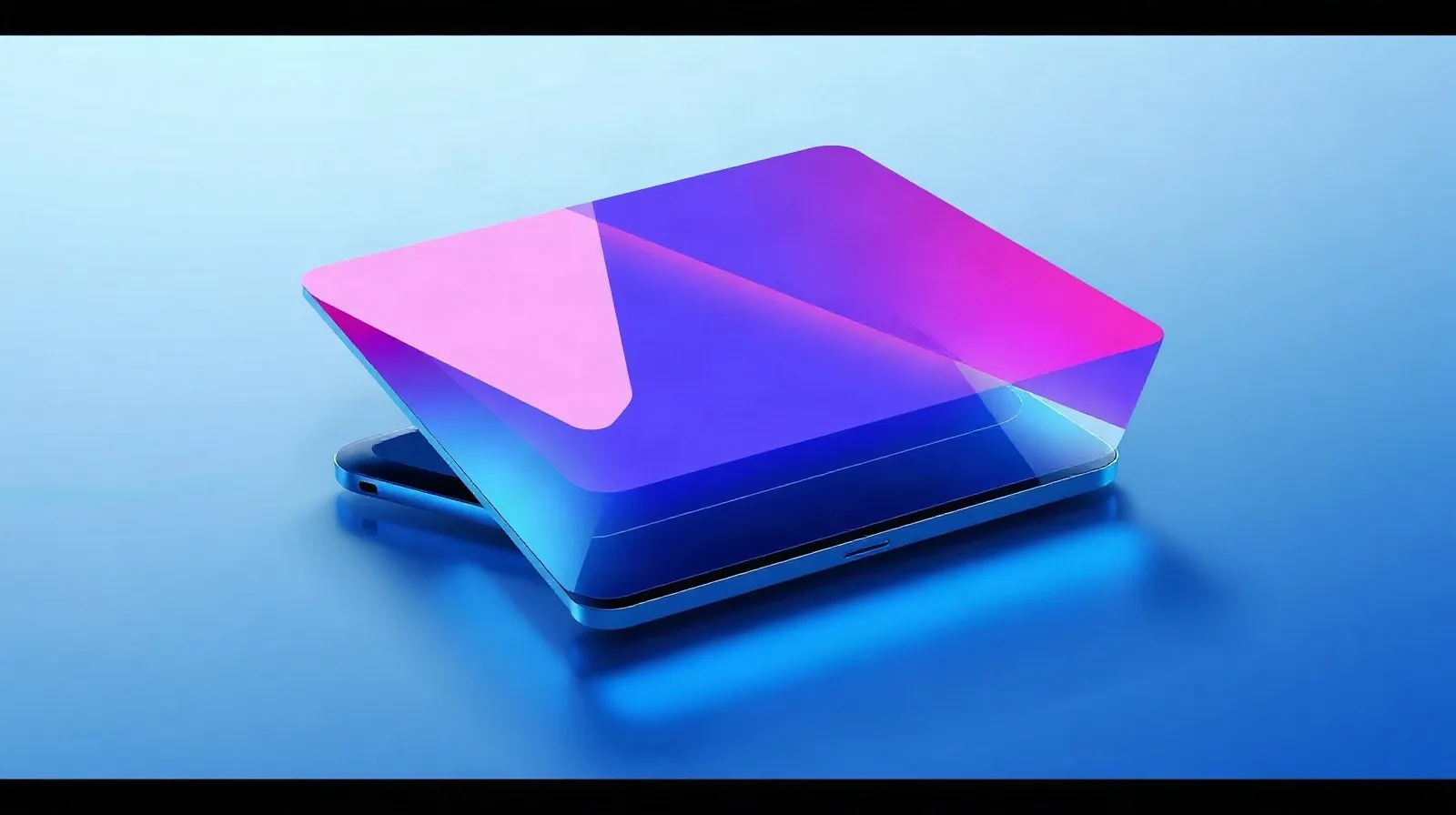 Ilustración abstracta de paneles plegables de pantalla en tonos azules y violetas representando un teléfono plegable con función de privacidad