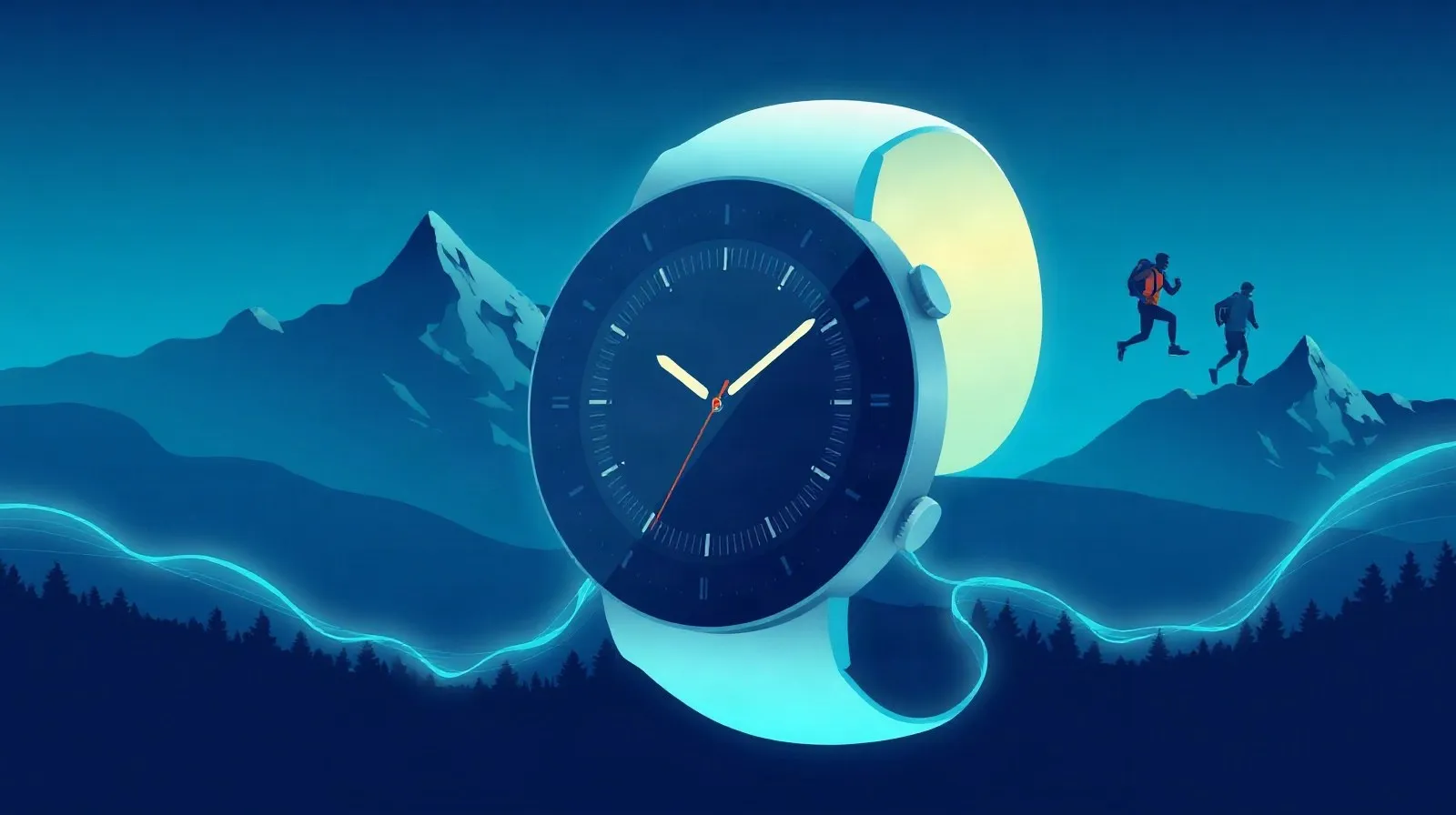 Ilustración abstracta de un reloj inteligente con elementos deportivos y de salud en tonos azules y verdes