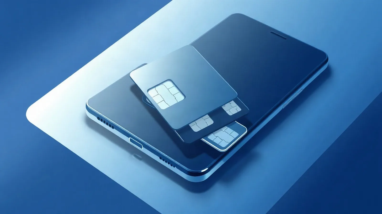 Ilustración abstracta de un smartphone con múltiples lentes de cámara y tarjetas SIM superpuestas en tonos azules y plateados
