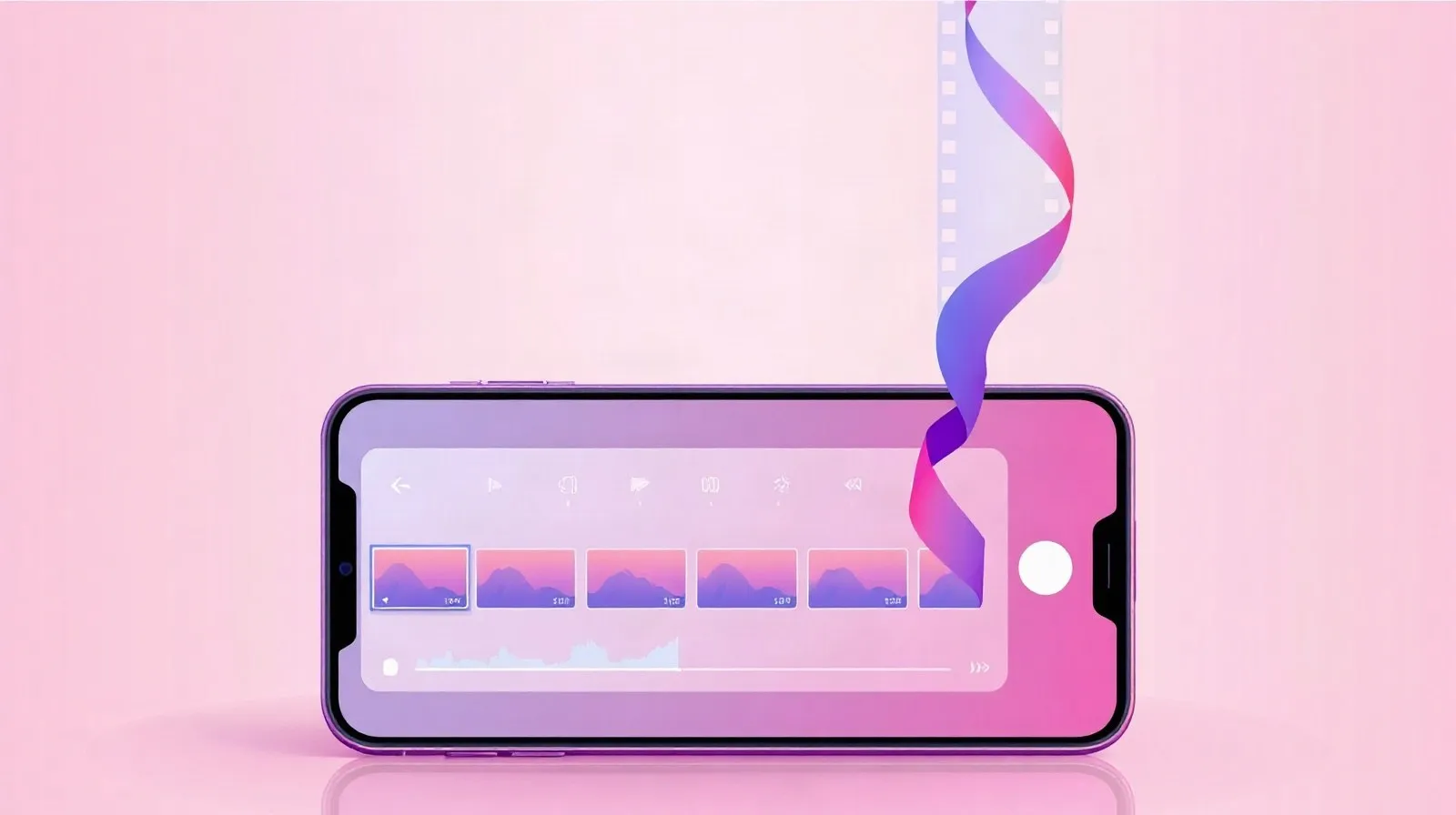 Ilustración abstracta de cintas de video fusionándose, representando el recorte automático de clips para Reels