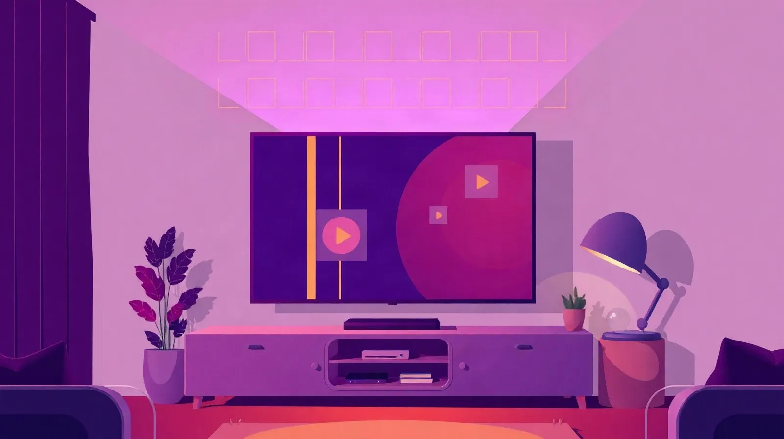 Ilustración abstracta de una pantalla de televisión en una sala mostrando videos verticales flotantes en tonos cálidos