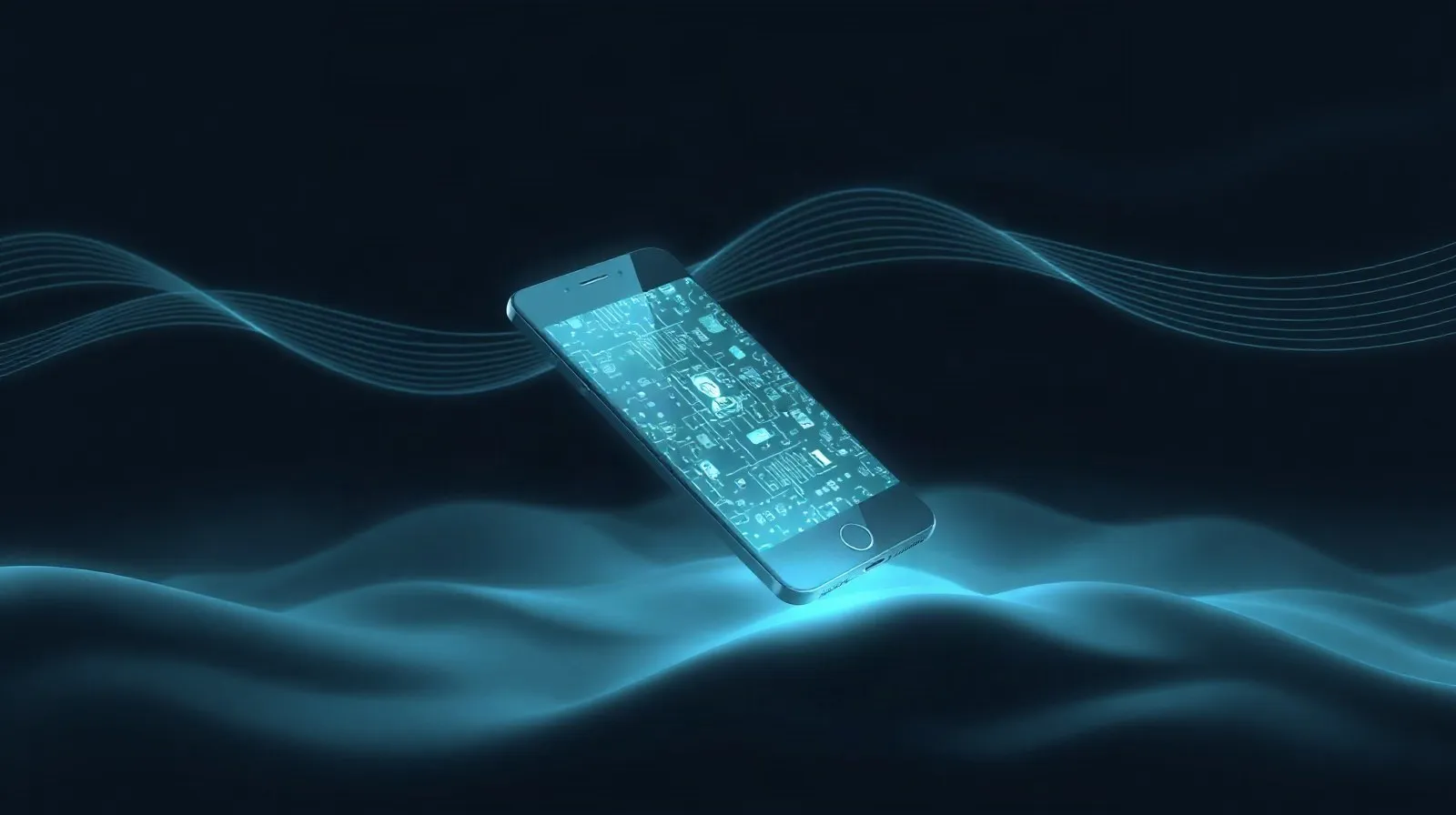Ilustración abstracta de una actualización de software para smartphone con patrones de reconocimiento facial y ondas táctiles
