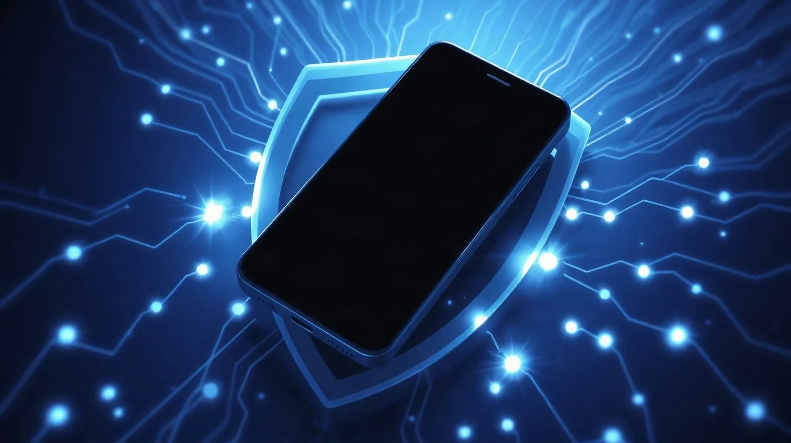 Ilustración abstracta de un teléfono rodeado de capas de escudos digitales que representan parches de seguridad