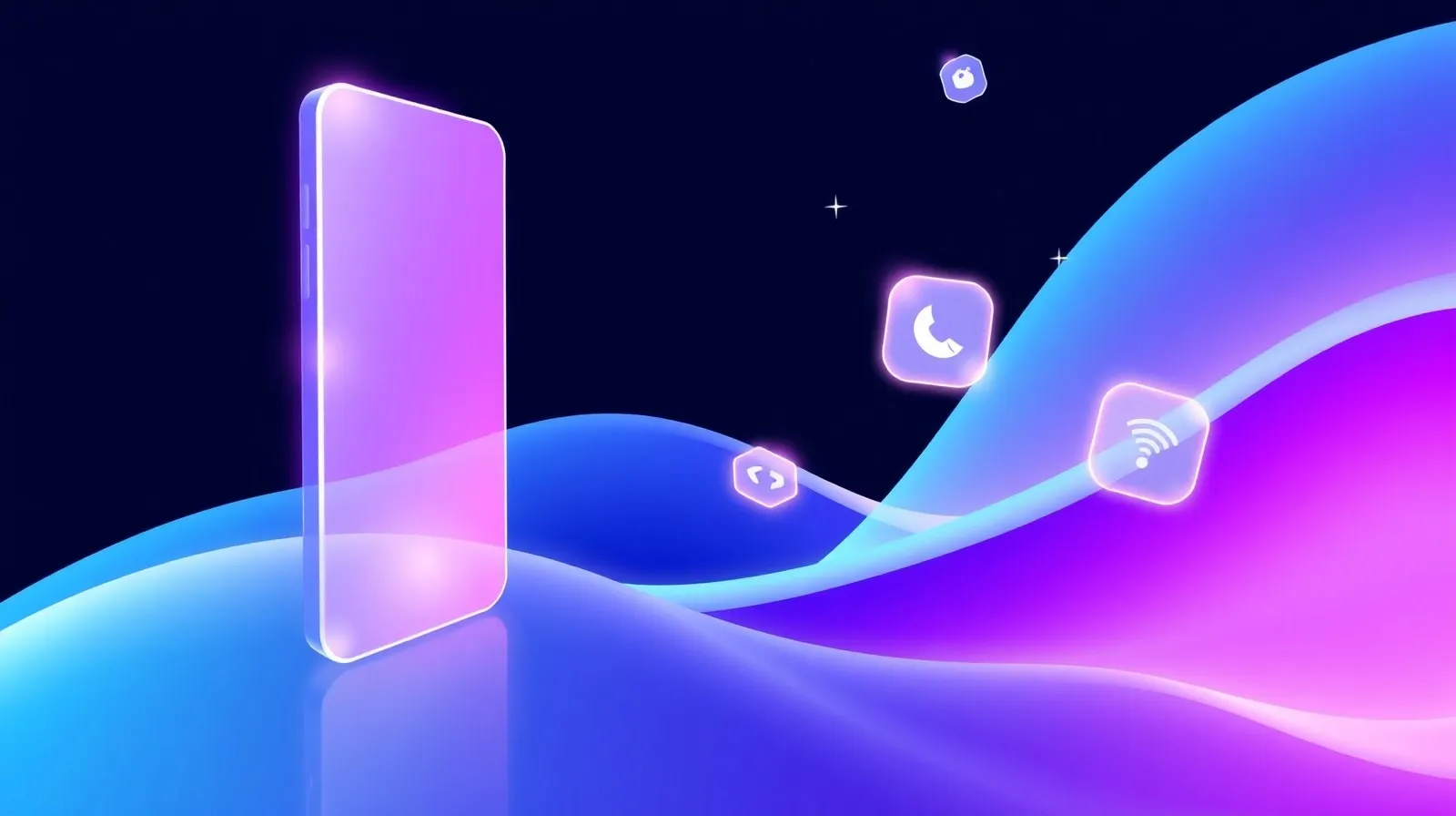 Ilustración abstracta de una interfaz futurista con paneles translúcidos que representa una actualización de sistema operativo móvil
