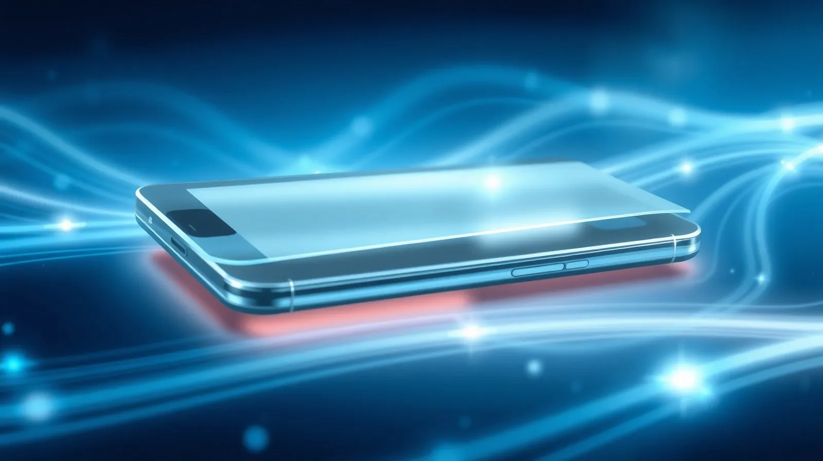 Ilustración abstracta de capas de vidrio translúcido y luces azules representando una actualización de software para smartphones