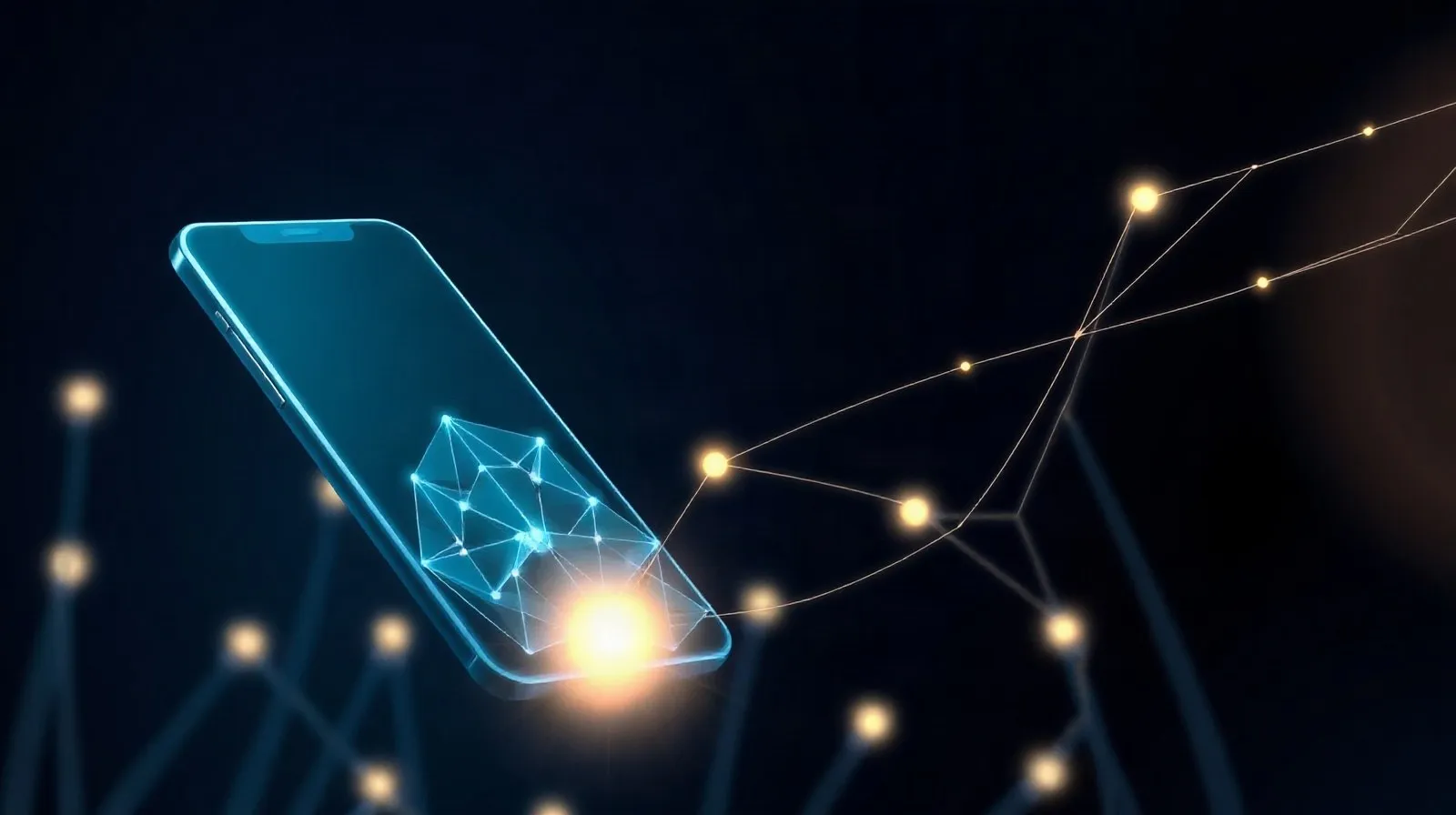 Ilustración abstracta de una actualización de software con patrones de red y luces que evocan inteligencia artificial