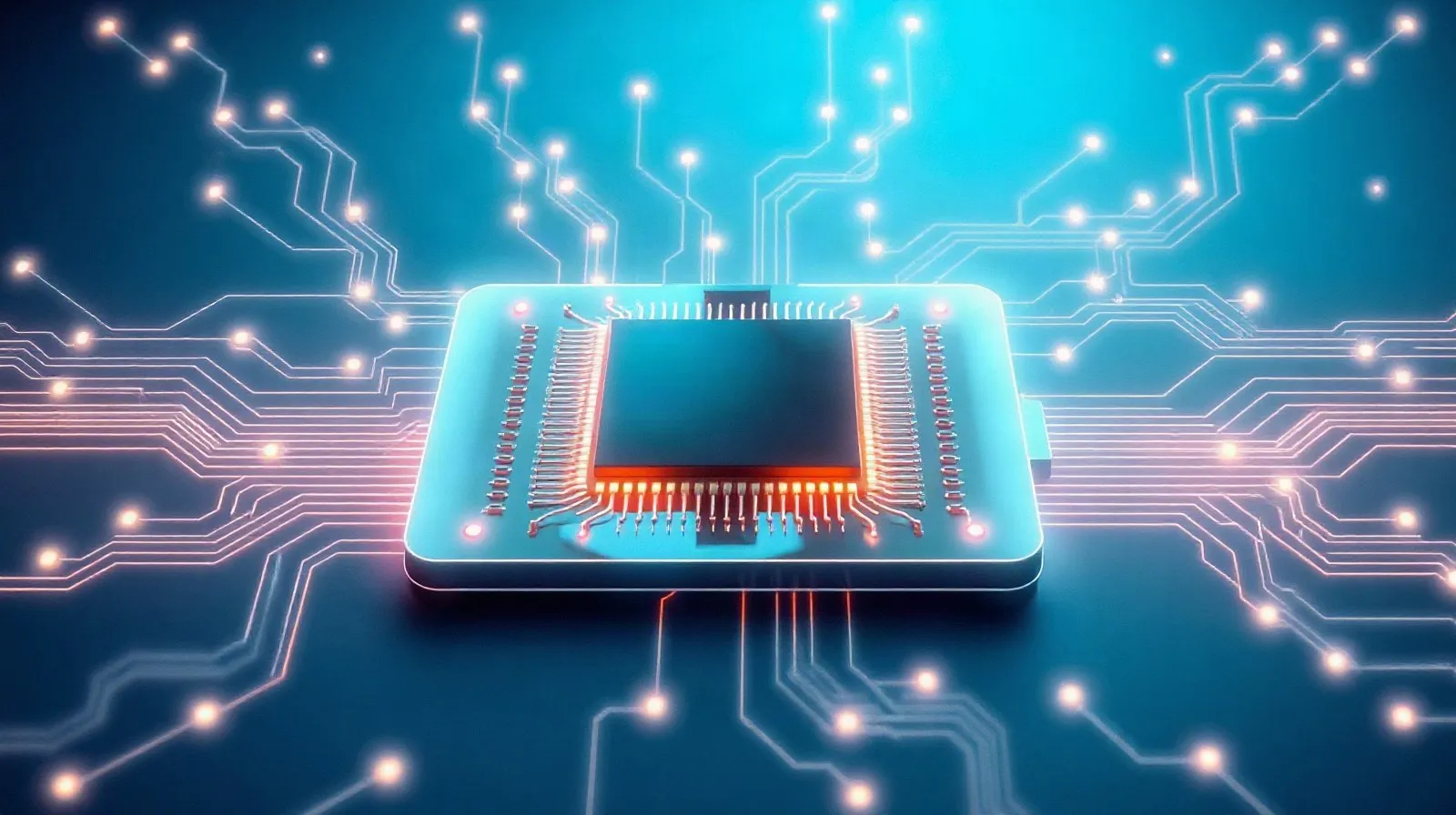 Ilustración abstracta de un chip de tablet con patrones de circuitos iluminados en tonos azules