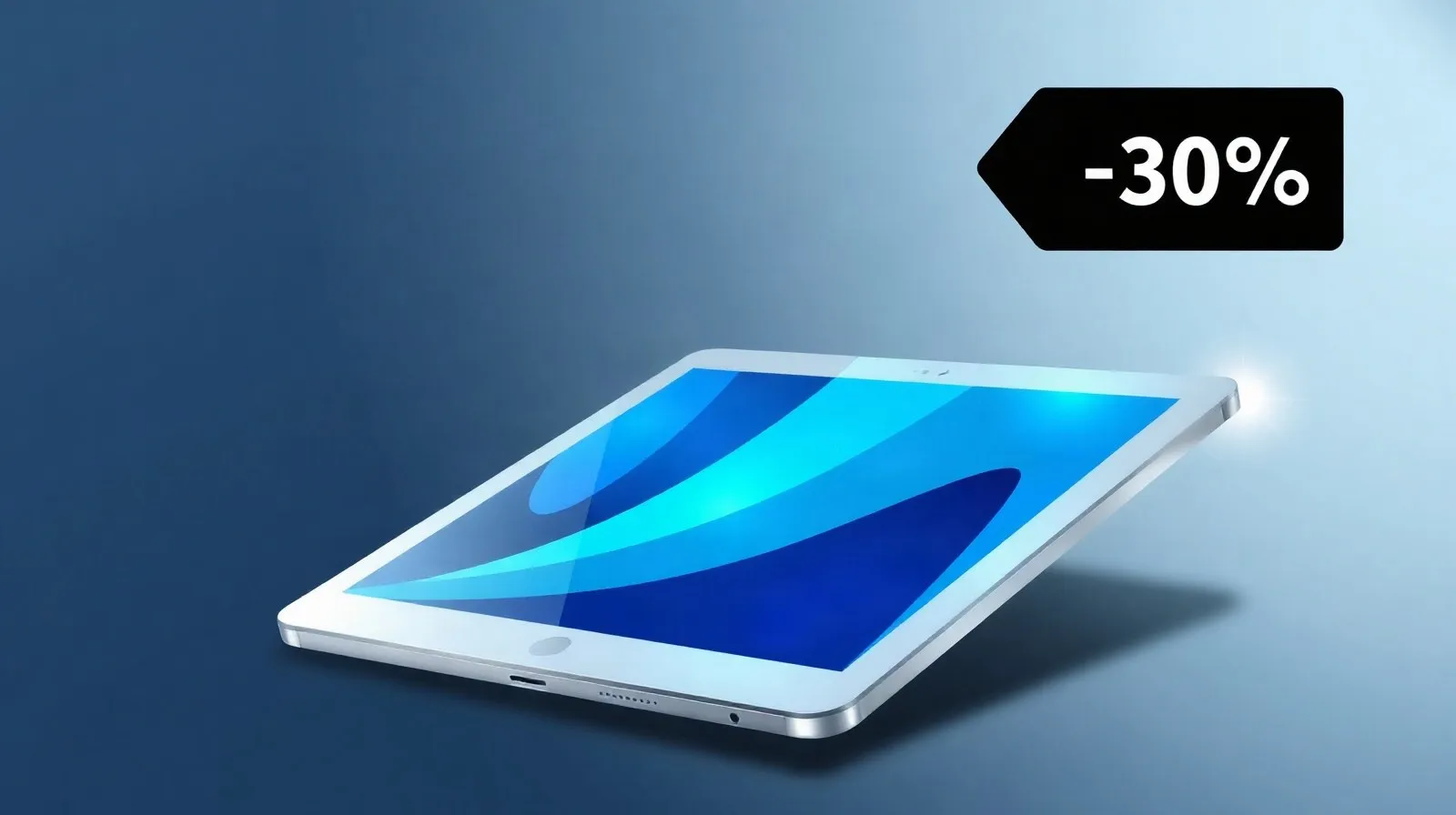 Ilustración abstracta de una tablet con tonos plateados y azules representando una oferta tecnológica