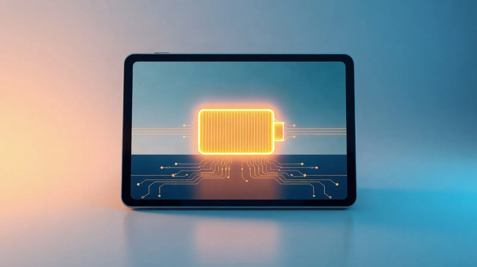 Ilustración abstracta de una batería con patrones de energía representando la eficiencia de una tablet moderna