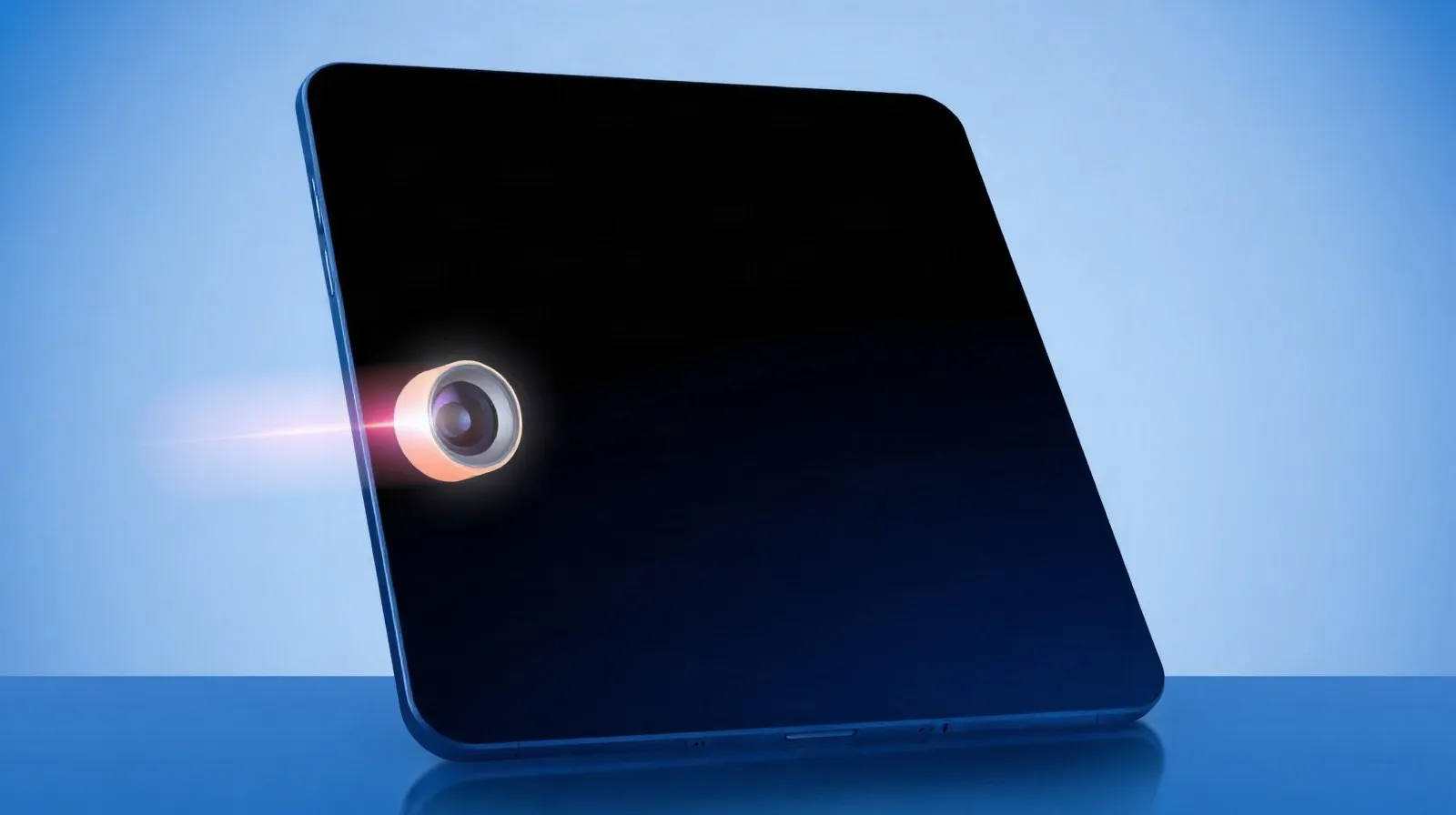 Ilustración abstracta de una tablet con un lente de cámara destacado en el borde, sobre fondo degradado azul y púrpura