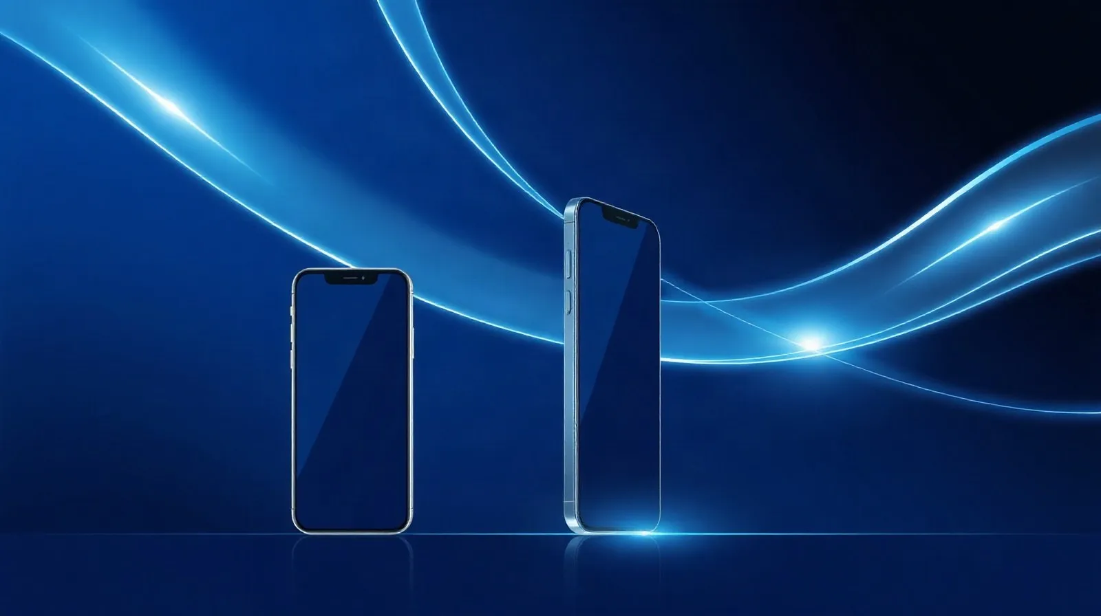 Ilustración abstracta de dos siluetas de teléfonos inteligentes comparándose entre sí con tonos azules y plateados
