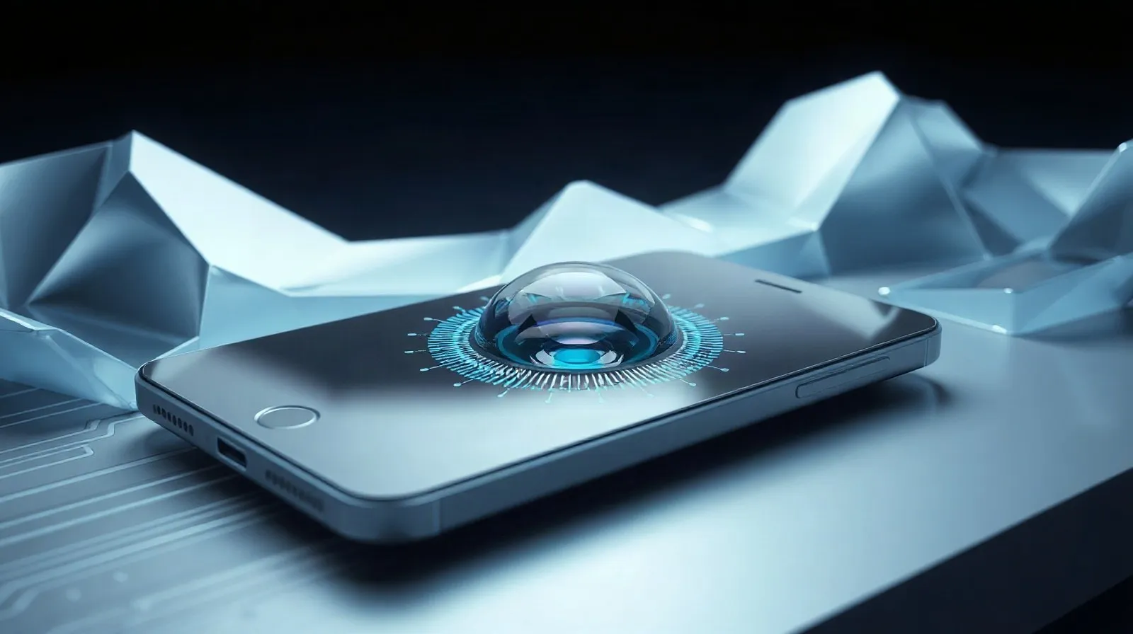 Ilustración abstracta de lentes de cámara y circuitos representando la tecnología de un smartphone de gama alta