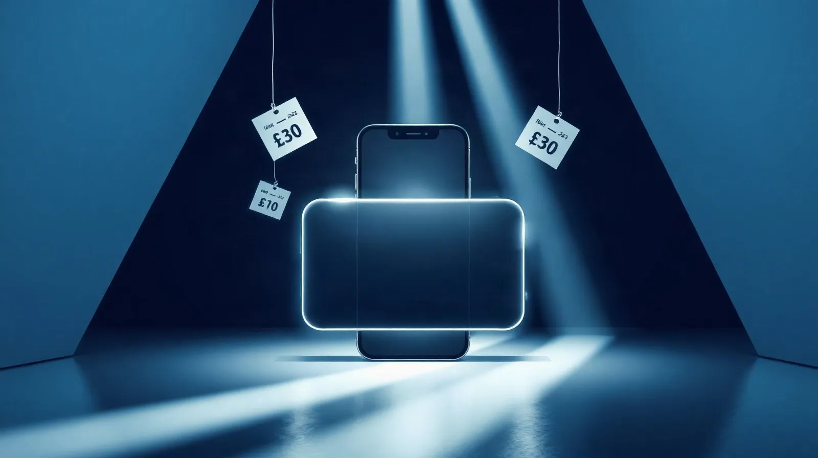 Ilustración abstracta de un teléfono inteligente rodeado de elementos gráficos que sugieren precios y una fecha de lanzamiento