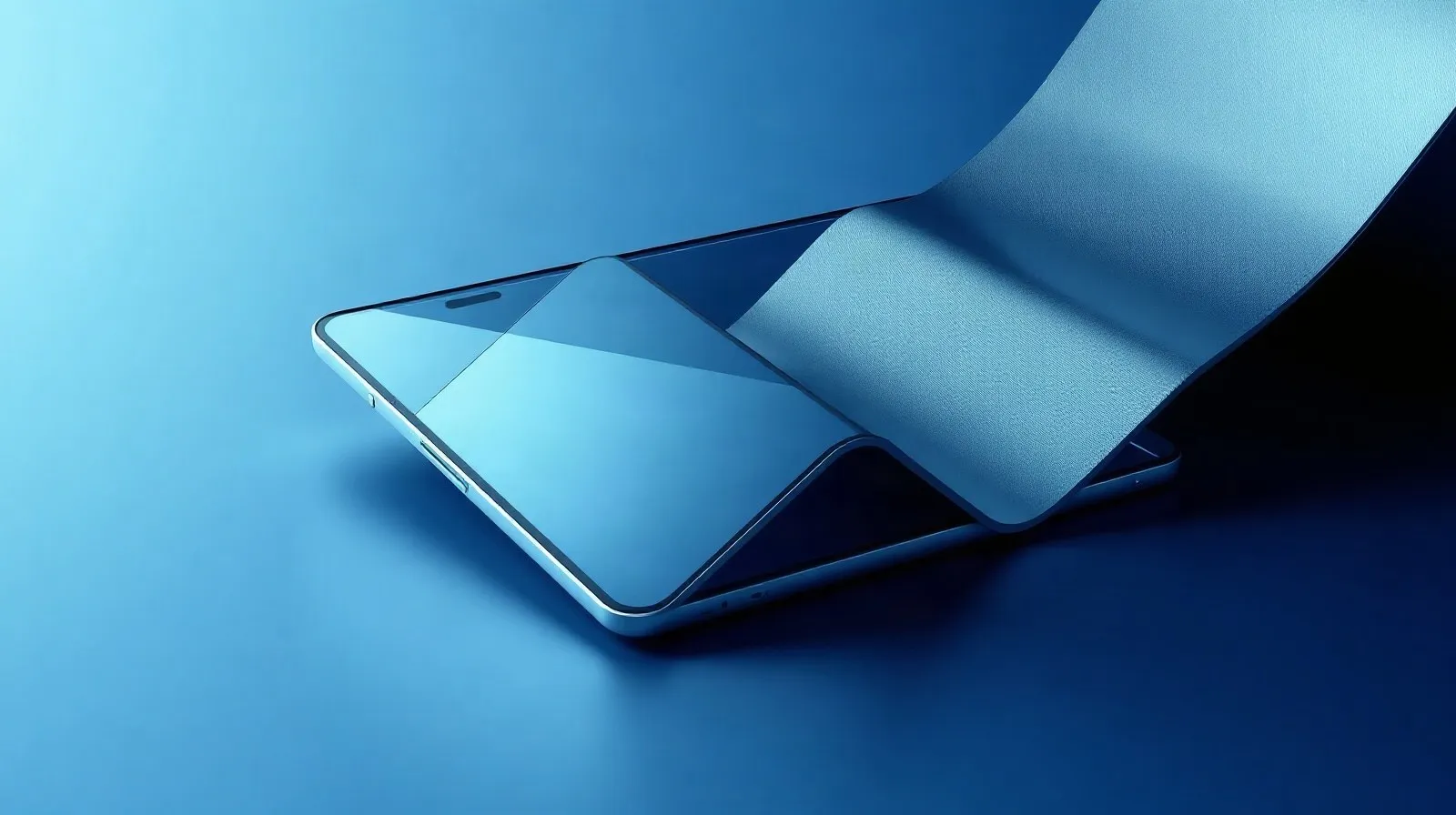 Ilustración abstracta de paneles plegables en tonos azules y plateados que representan un teléfono plegable
