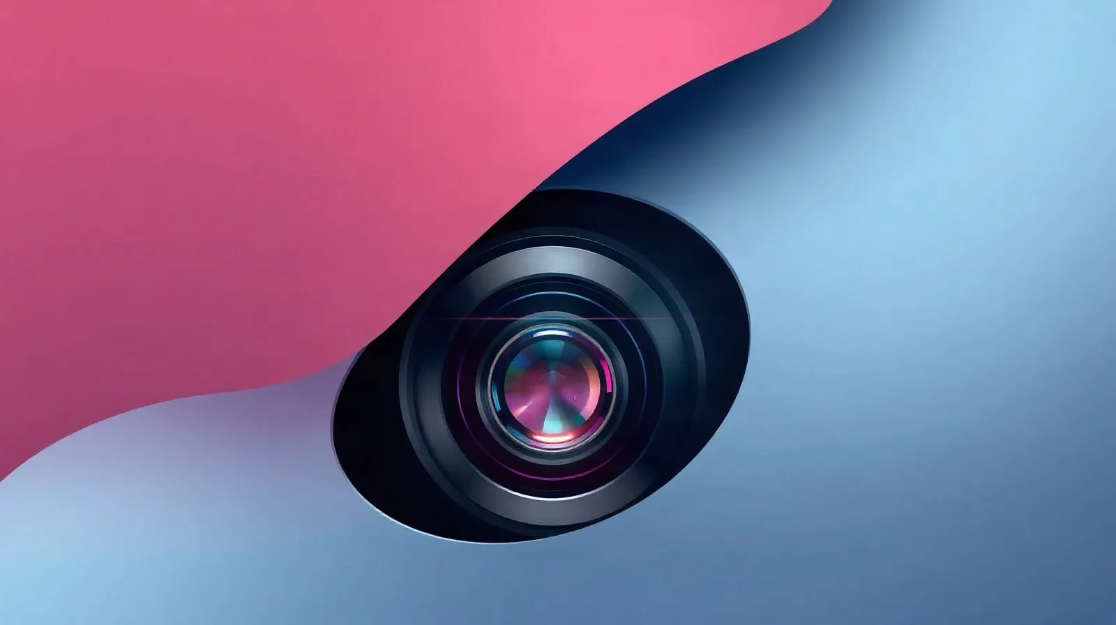 Ilustración abstracta de un mecanismo de apertura de cámara en tonos burdeos y plateados representando la tecnología de un smartphone premium
