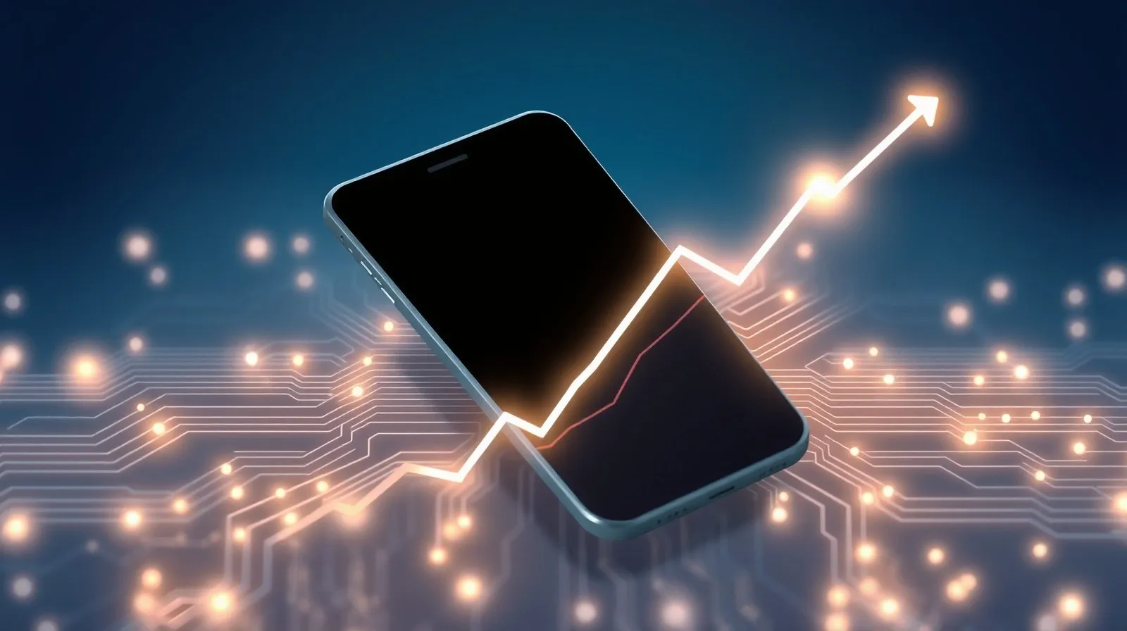 Ilustración abstracta de un smartphone premium rodeado de líneas de circuitos y gráficos ascendentes que simbolizan tecnología y precios