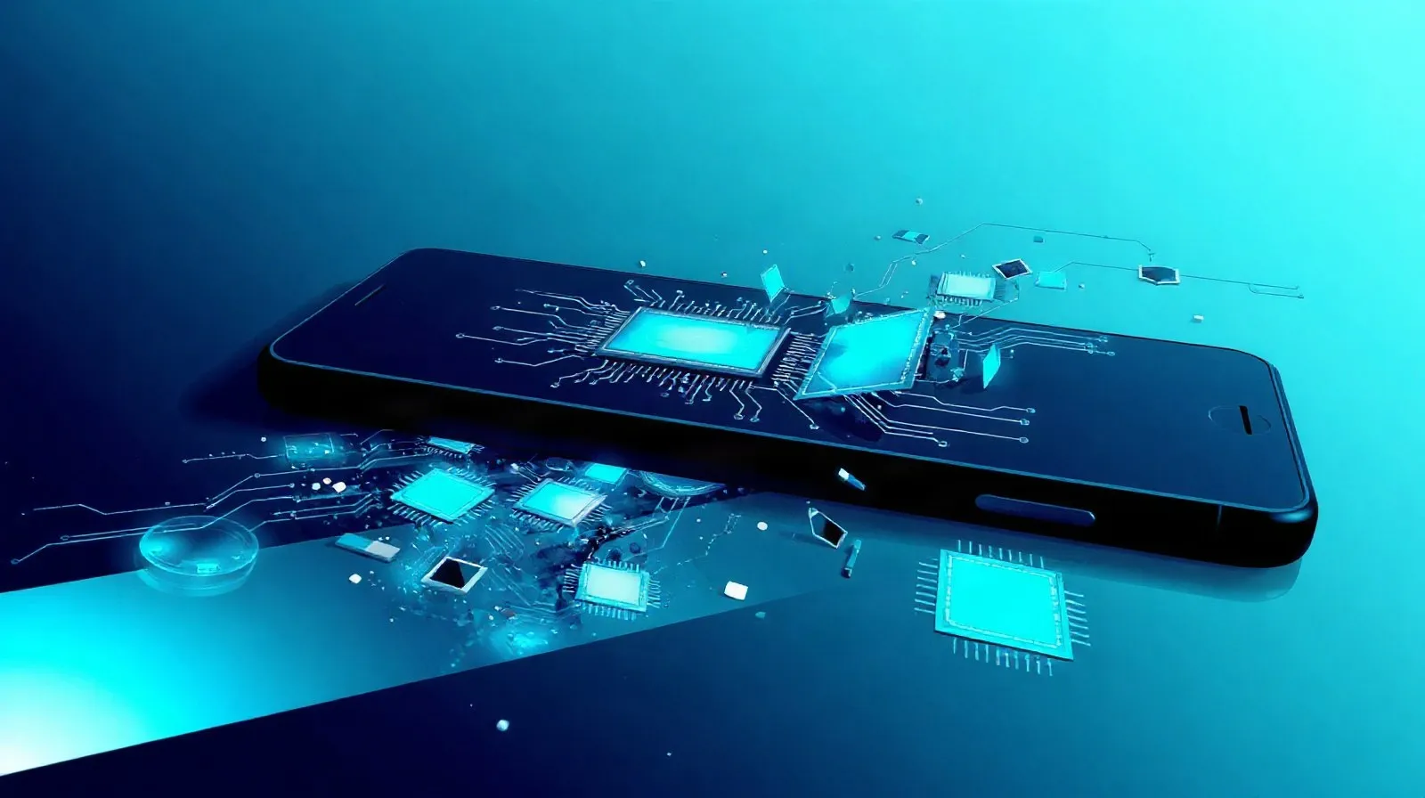 Ilustración abstracta de un smartphone con capas de circuitos y fragmentos tecnológicos en tonos azules