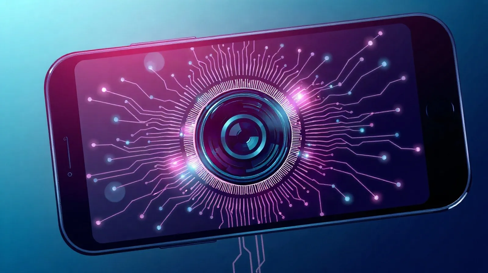 Ilustración abstracta de un iris de cámara fusionado con un circuito de chip en tonos azules y borgoña