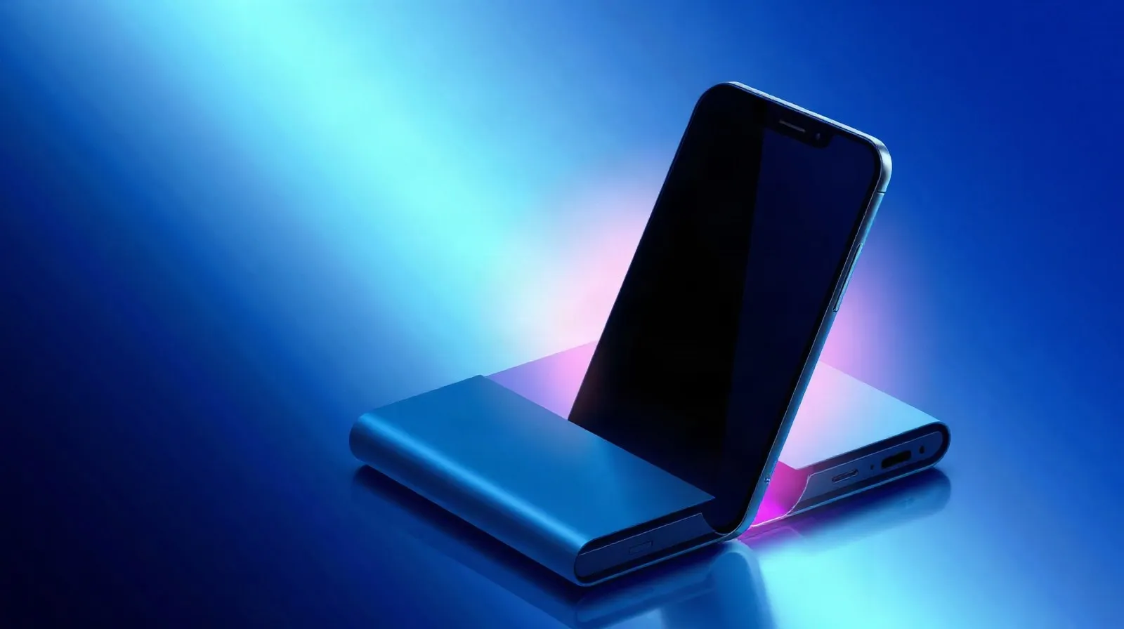 Ilustración abstracta de un teléfono plegable abriéndose, con tonos azules y plateados