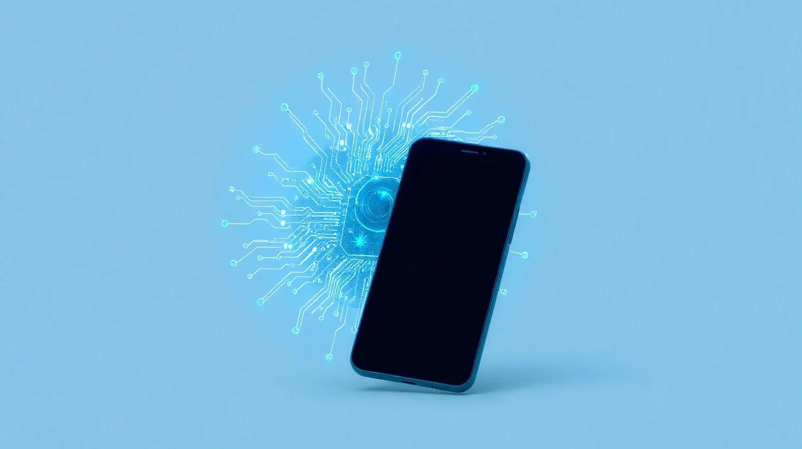 Ilustración abstracta de un teléfono delgado con patrones de circuitos y lentes de cámara representando las mejoras del iPhone Air 2
