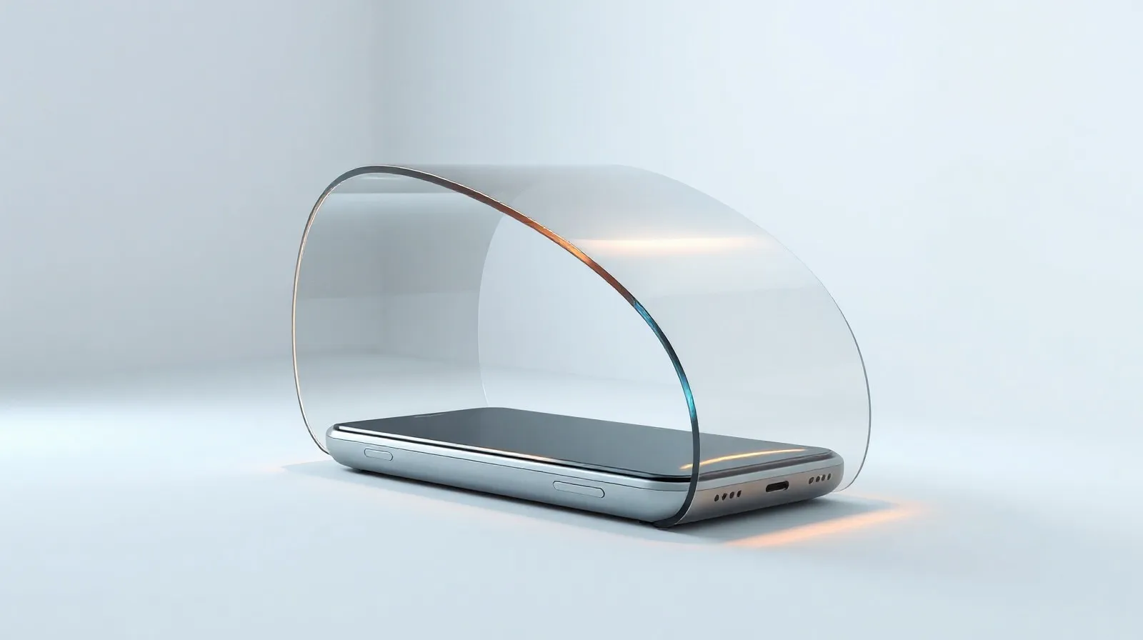 Ilustración abstracta de un cuerpo de cristal curvado con una banda metálica central, representando el rediseño de un futuro smartphone