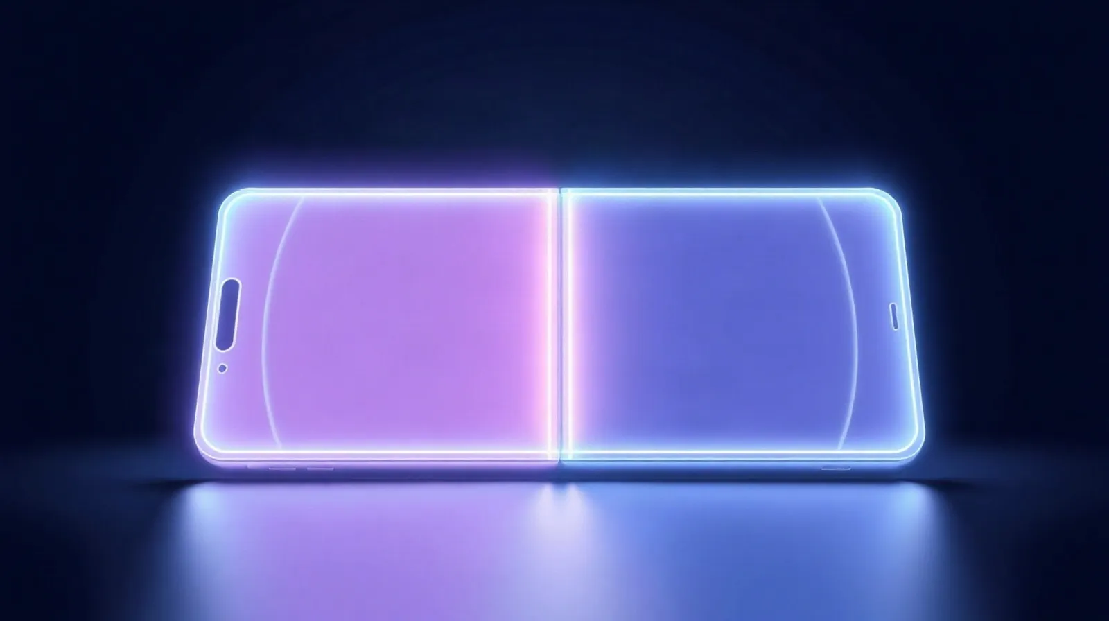 Ilustración abstracta de un teléfono plegable con dos paneles unidos por una bisagra luminosa