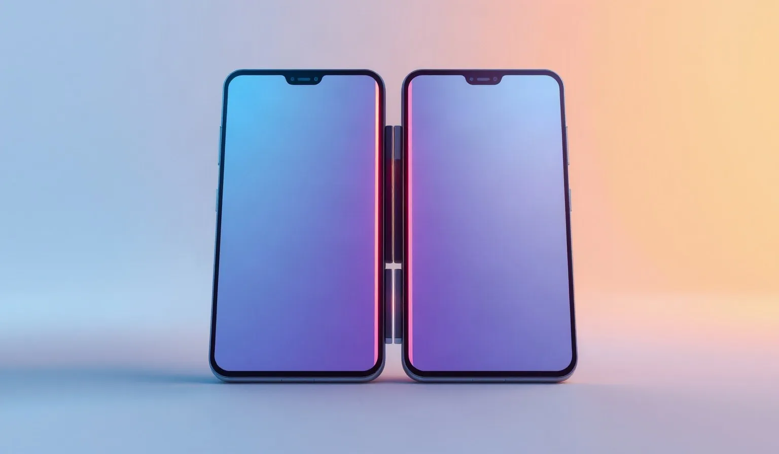 Ilustración abstracta de un teléfono plegable con dos pantallas unidas por una bisagra luminosa