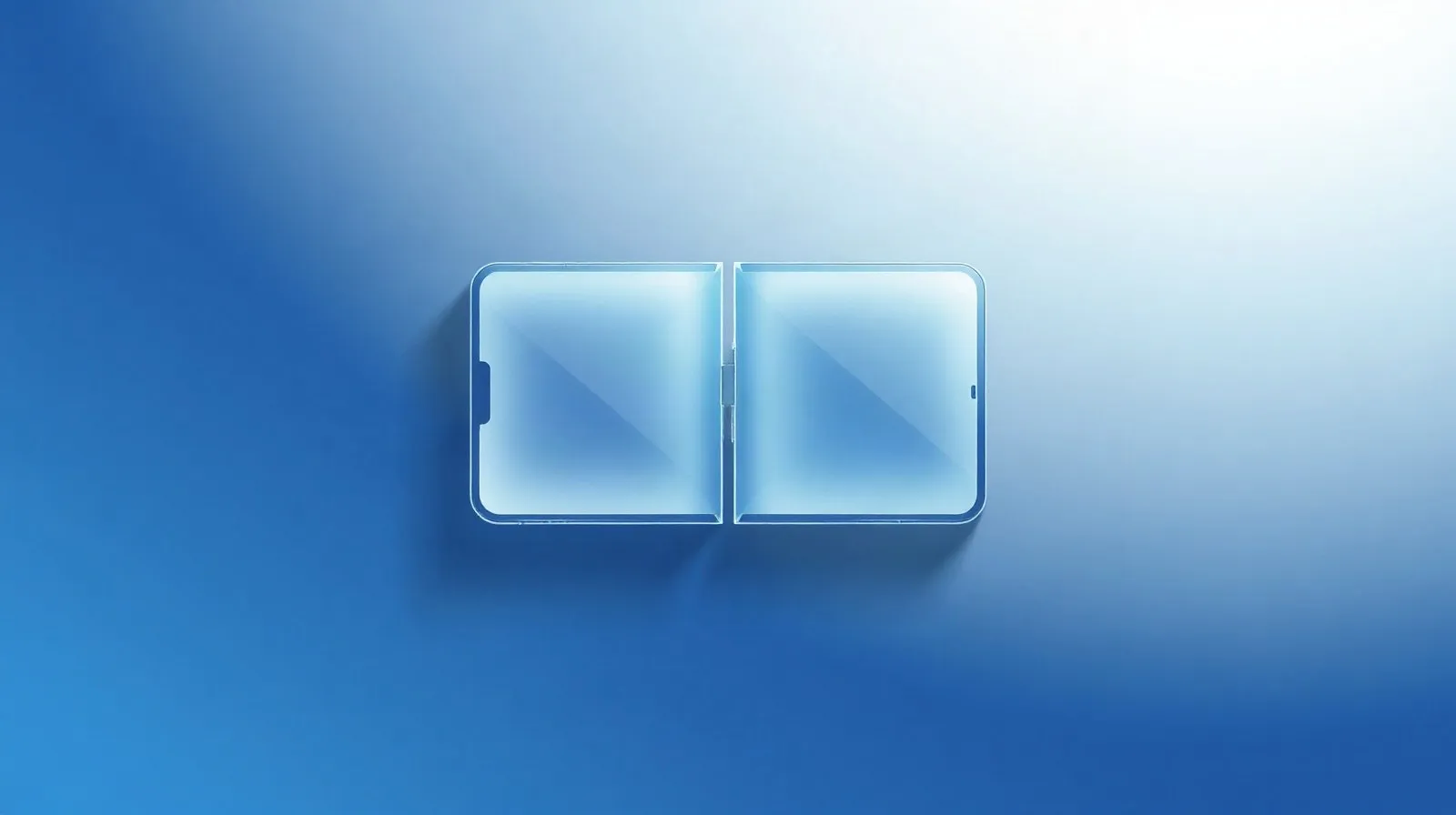 Ilustración abstracta de un teléfono plegable con dos pantallas conectadas por una bisagra, en tonos azules y plateados