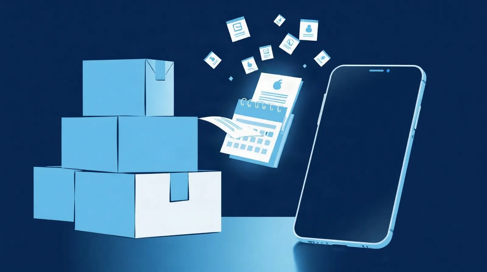 Ilustración abstracta de cajas de envío y un calendario que representa los retrasos en la entrega de un teléfono