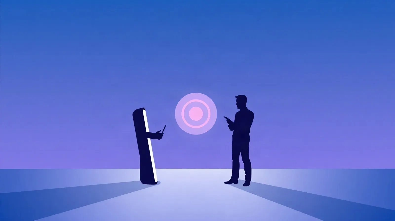 Ilustración abstracta de dos teléfonos conectados por una señal que representa la transferencia de un número telefónico entre dispositivos