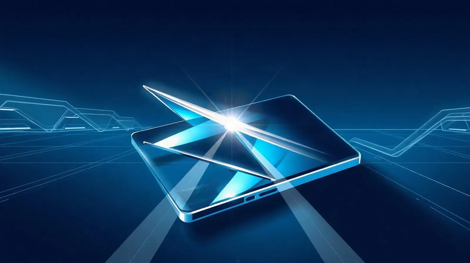 Ilustración abstracta de un teléfono plegable con paneles de vidrio y una bisagra central, en tonos azul oscuro y blanco