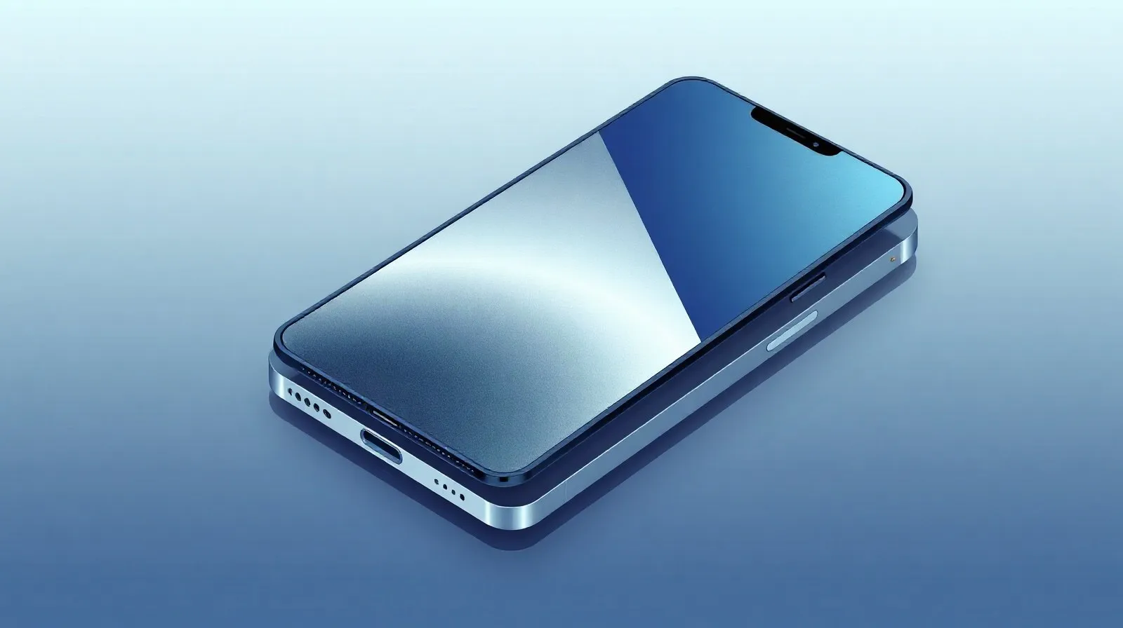 Ilustración abstracta de un teléfono plegable representado con paneles geométricos en tonos plateados y azules