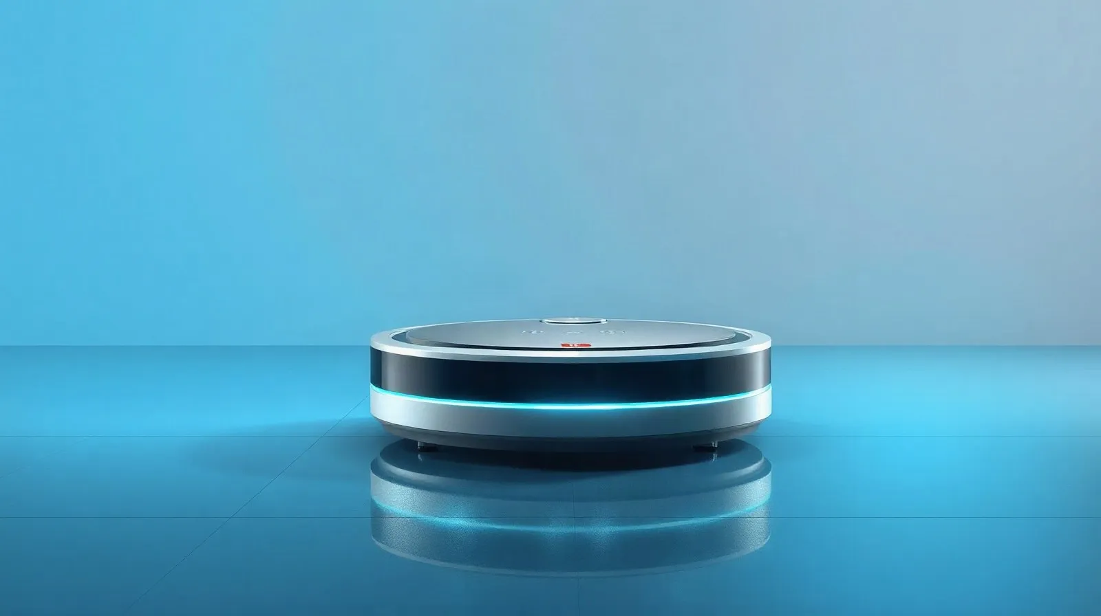 Ilustración abstracta de un robot aspirador de gama alta limpiando un piso reflectante en tonos azules y plateados