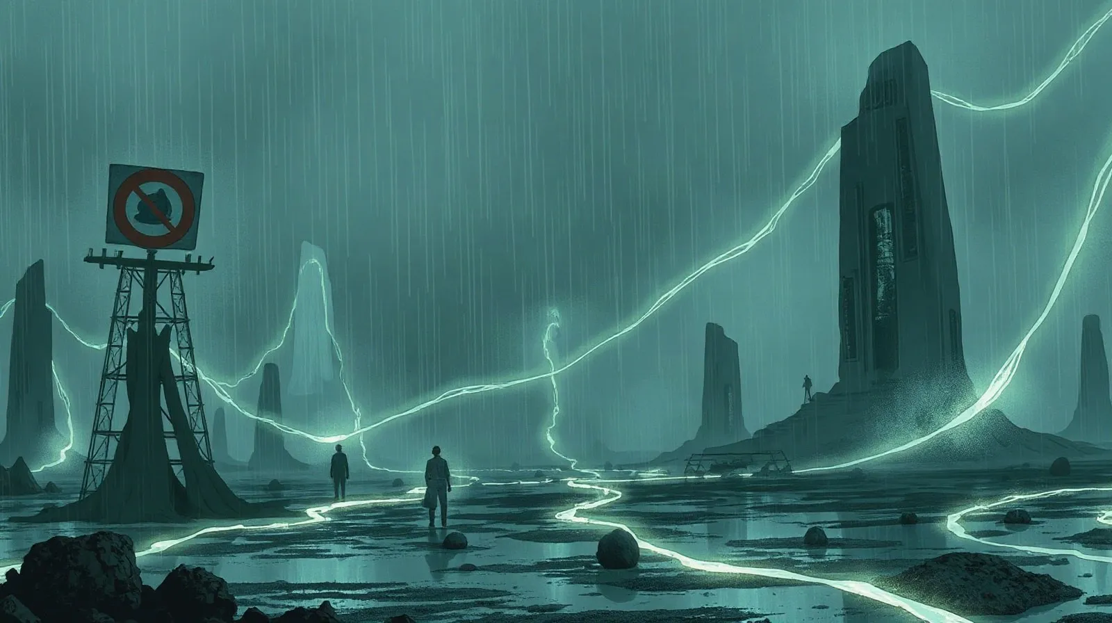 Ilustración abstracta de un paisaje desolado y lluvioso con conexiones luminosas, evocando el universo de Death Stranding
