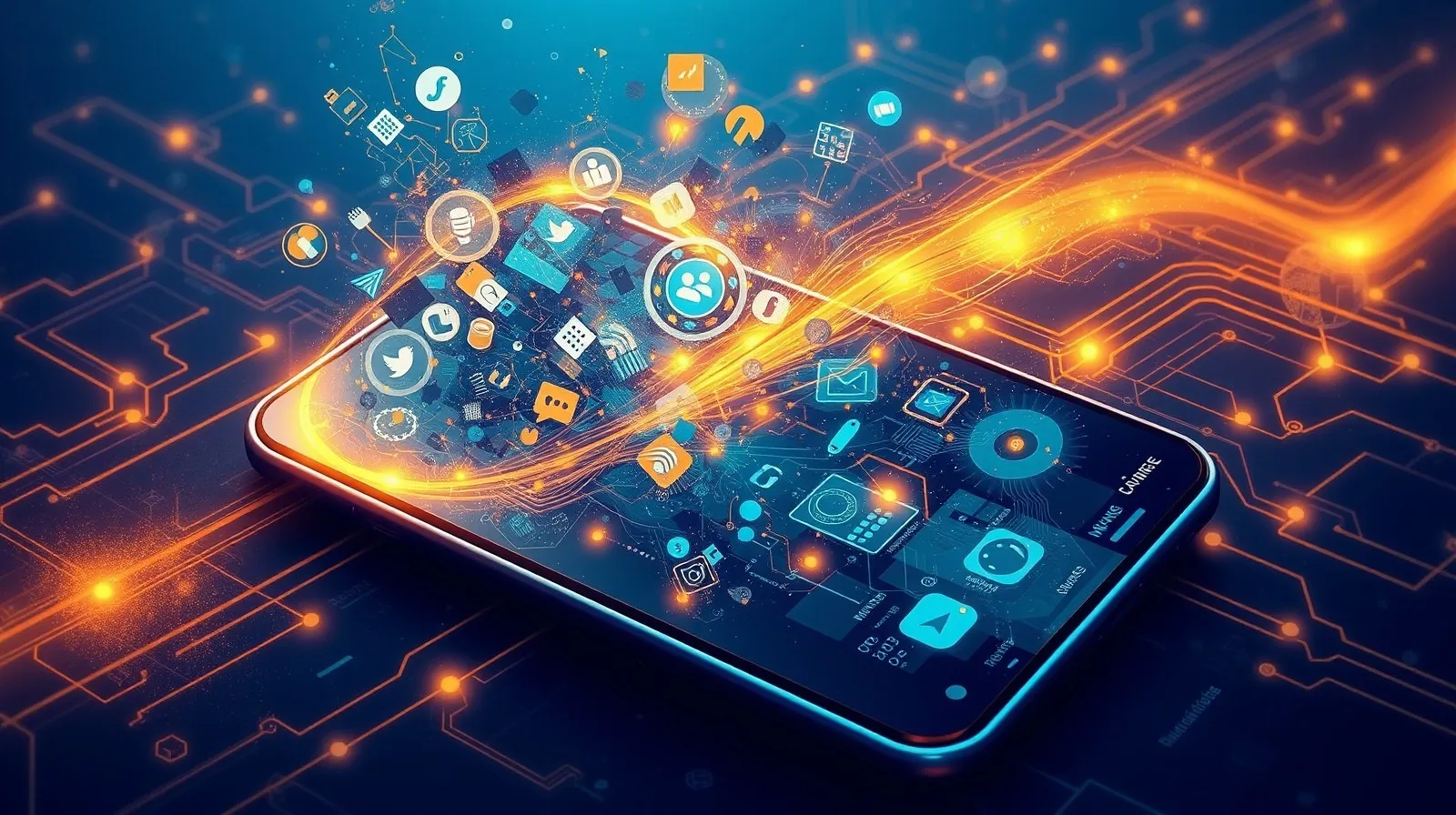 Ilustración abstracta de una pantalla de teléfono con elementos digitales fragmentados y patrones geométricos azules y dorados que representan la regulación europea sobre el diseño de redes sociales