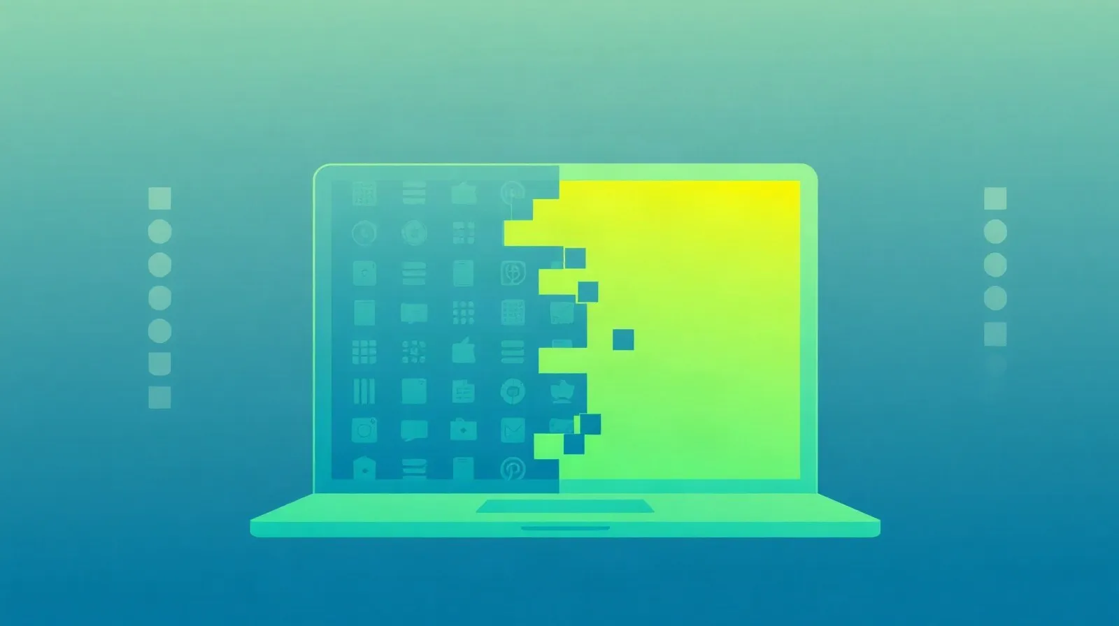 Ilustración abstracta de una laptop combinada con elementos visuales de un sistema operativo móvil