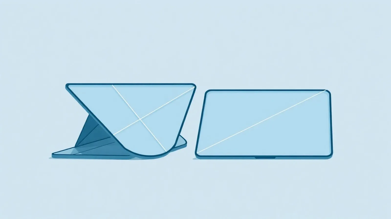 Ilustración abstracta que representa un dispositivo híbrido entre tablet y laptop en tonos azules y grises